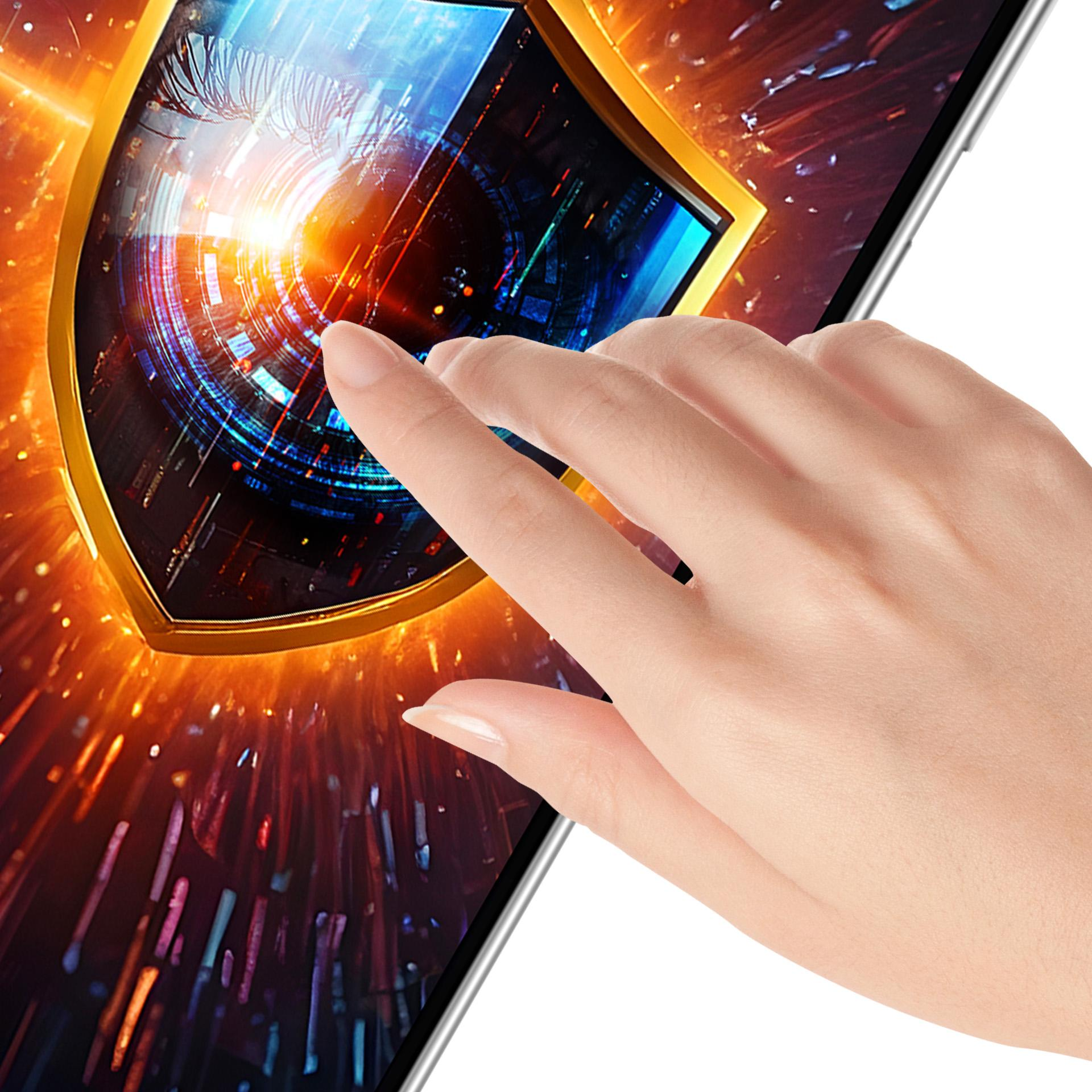Una mano tocca uno schermo che mostra uno scudo con un occhio. Ha una cornice dorata e uno sfondo futuristico.