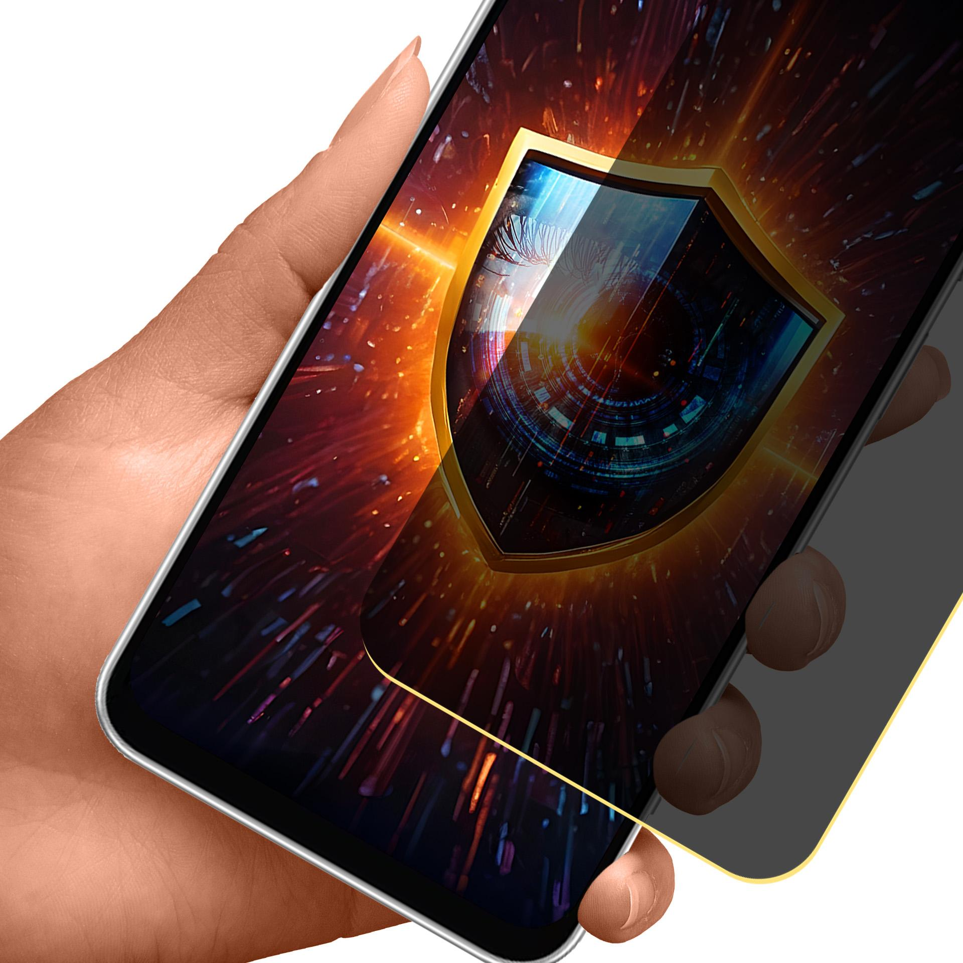 Mano che tiene un telefono con uno scudo grafico. Lo sfondo è un'esplosione di luce.