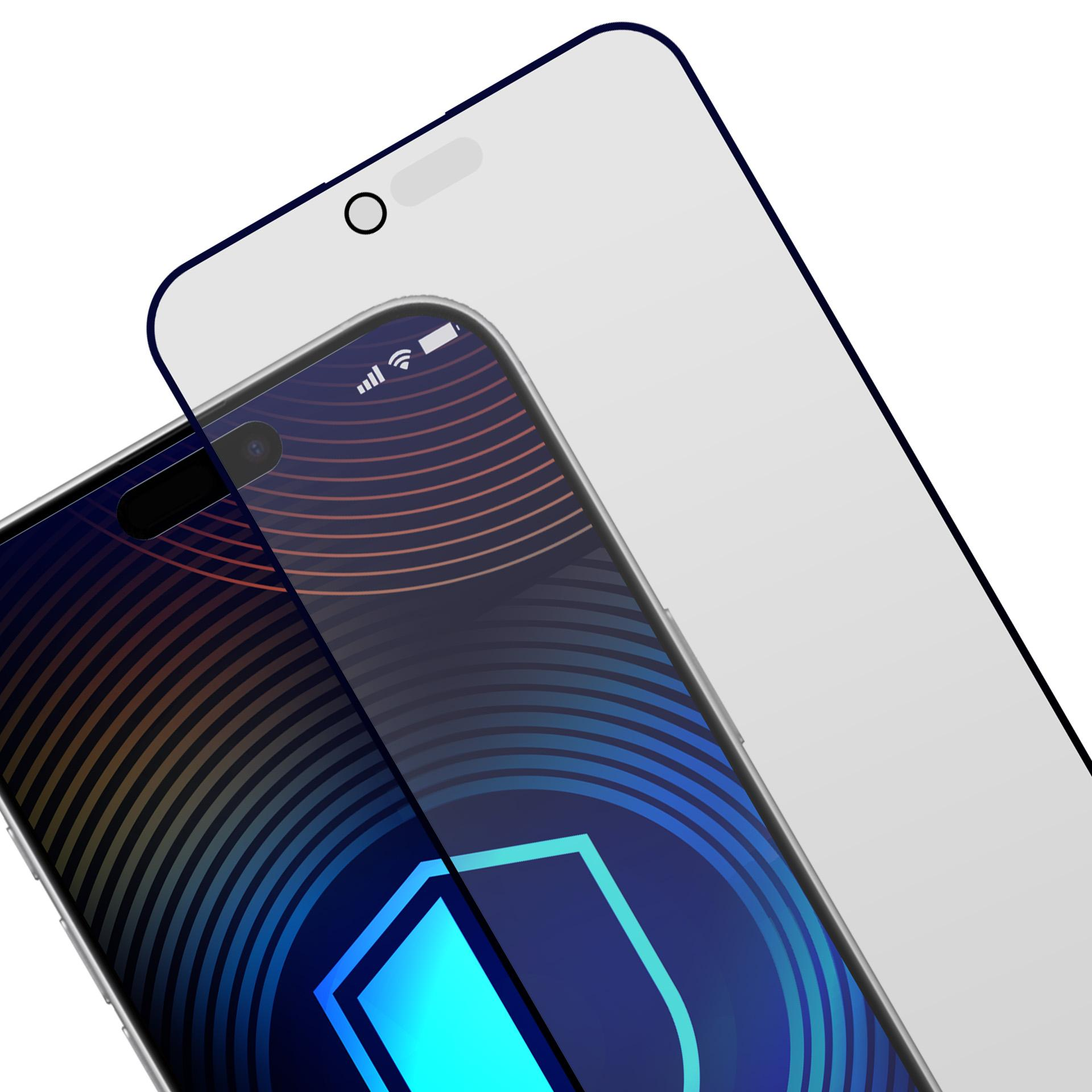 Smartfon z ochraniaczem ekranu. Telefon wyświetla kolorowy interfejs użytkownika. Ochraniacz ma czarny kontur.