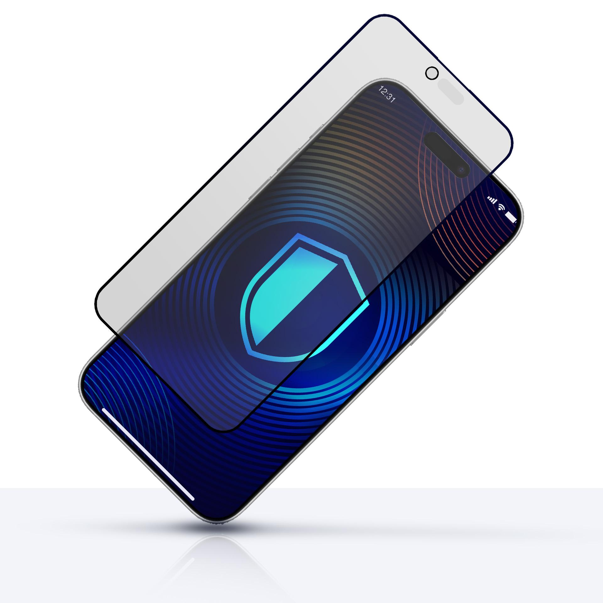 Smartfon z ochraniaczem ekranu. Ekran pokazuje niebieską ikonę tarczy, godzinę i paski sygnału.