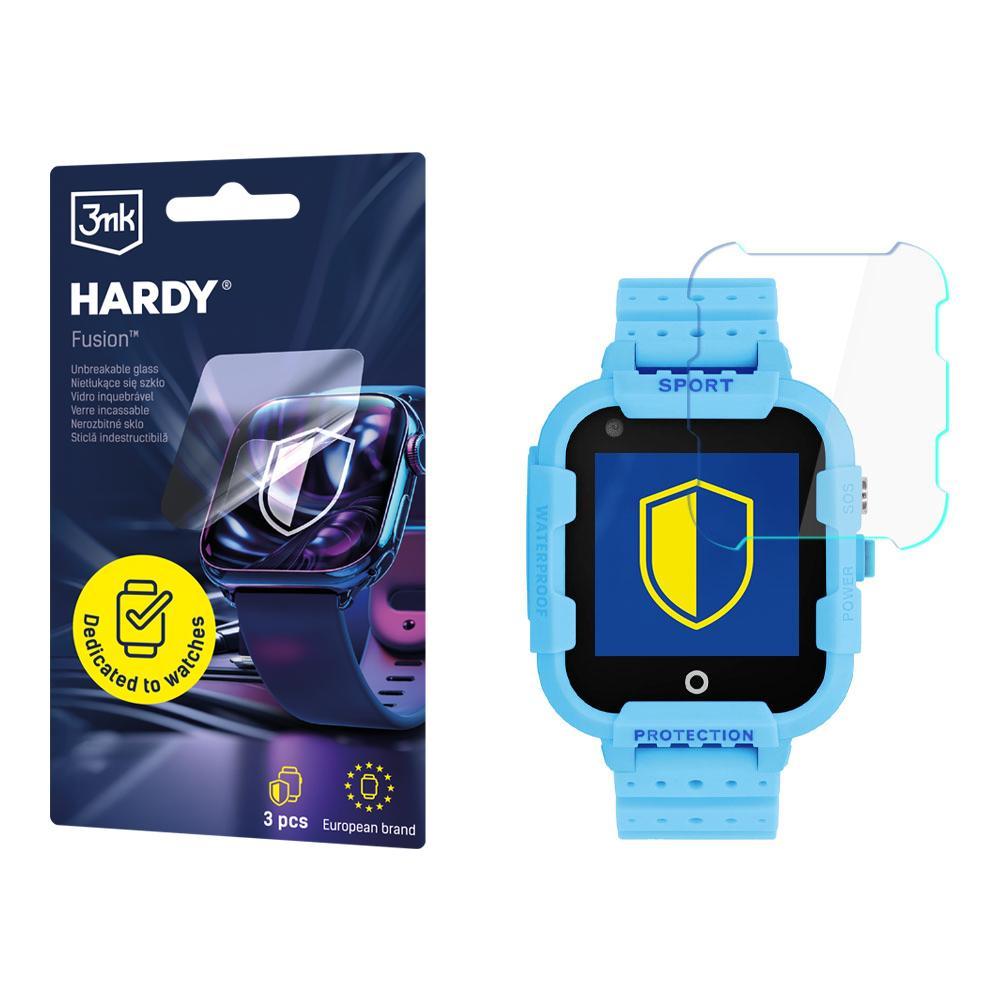 Niebieski smartwatch z ochronnym ekranem obok opakowania ochraniaczy ekranu do zegarków. Ekran pokazuje żółtą tarczę.