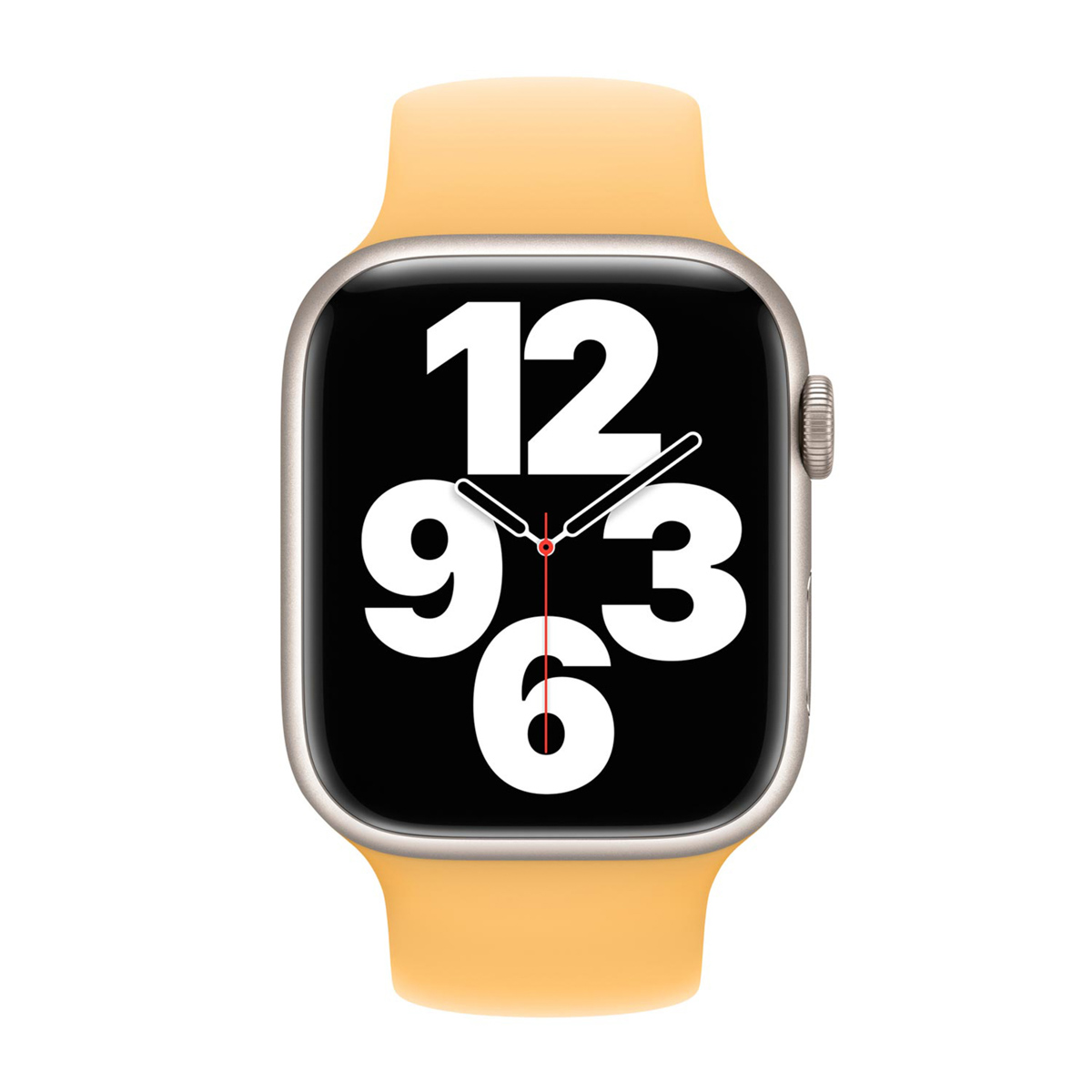 Apple Watch z żółtym paskiem wyświetla godzinę 12:03:06 na czarnym ekranie. Jest na białym tle.