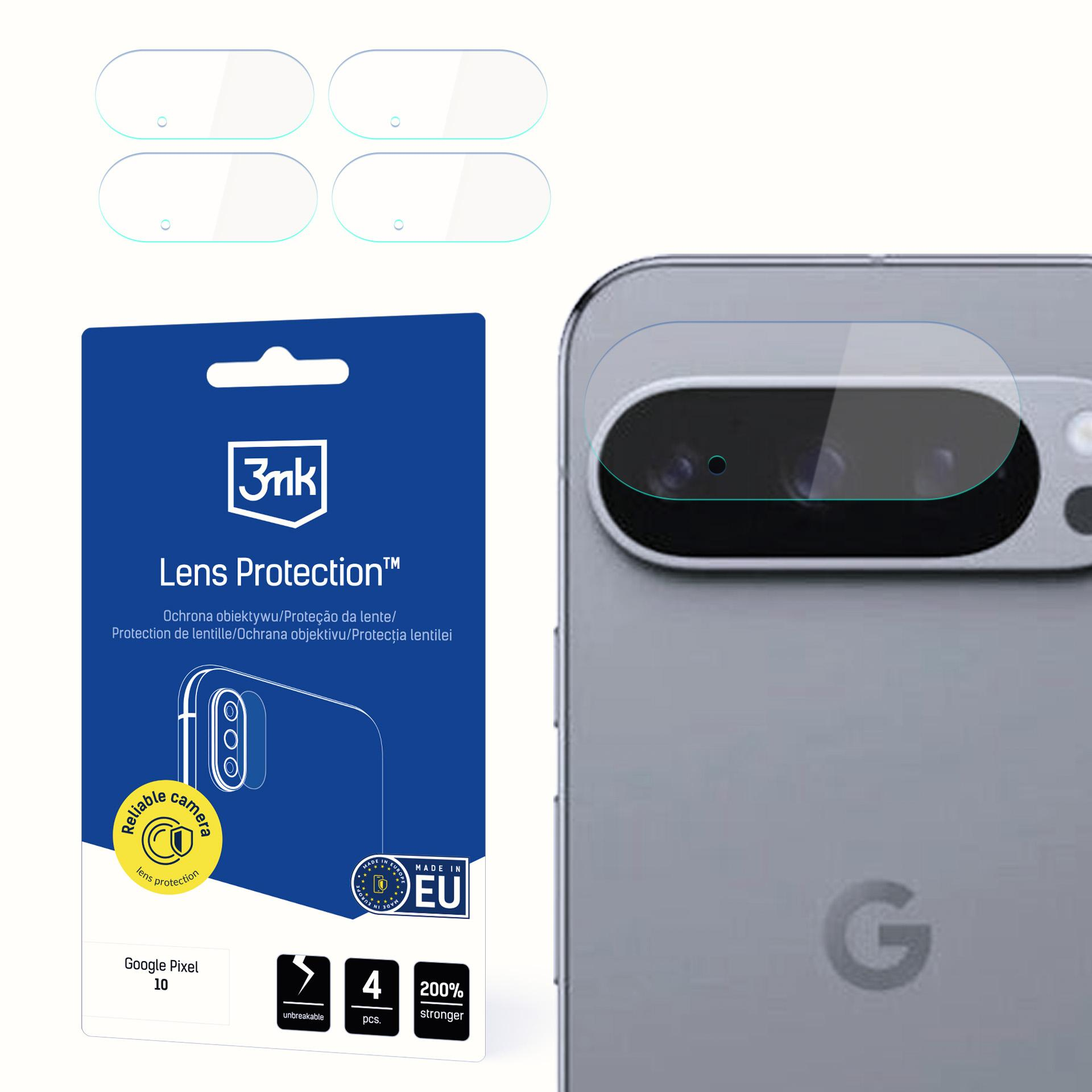 L'immagine mostra protezioni per lenti, un telefono e la confezione. La confezione dice 'Lens Protection' per un Google Pixel 10.