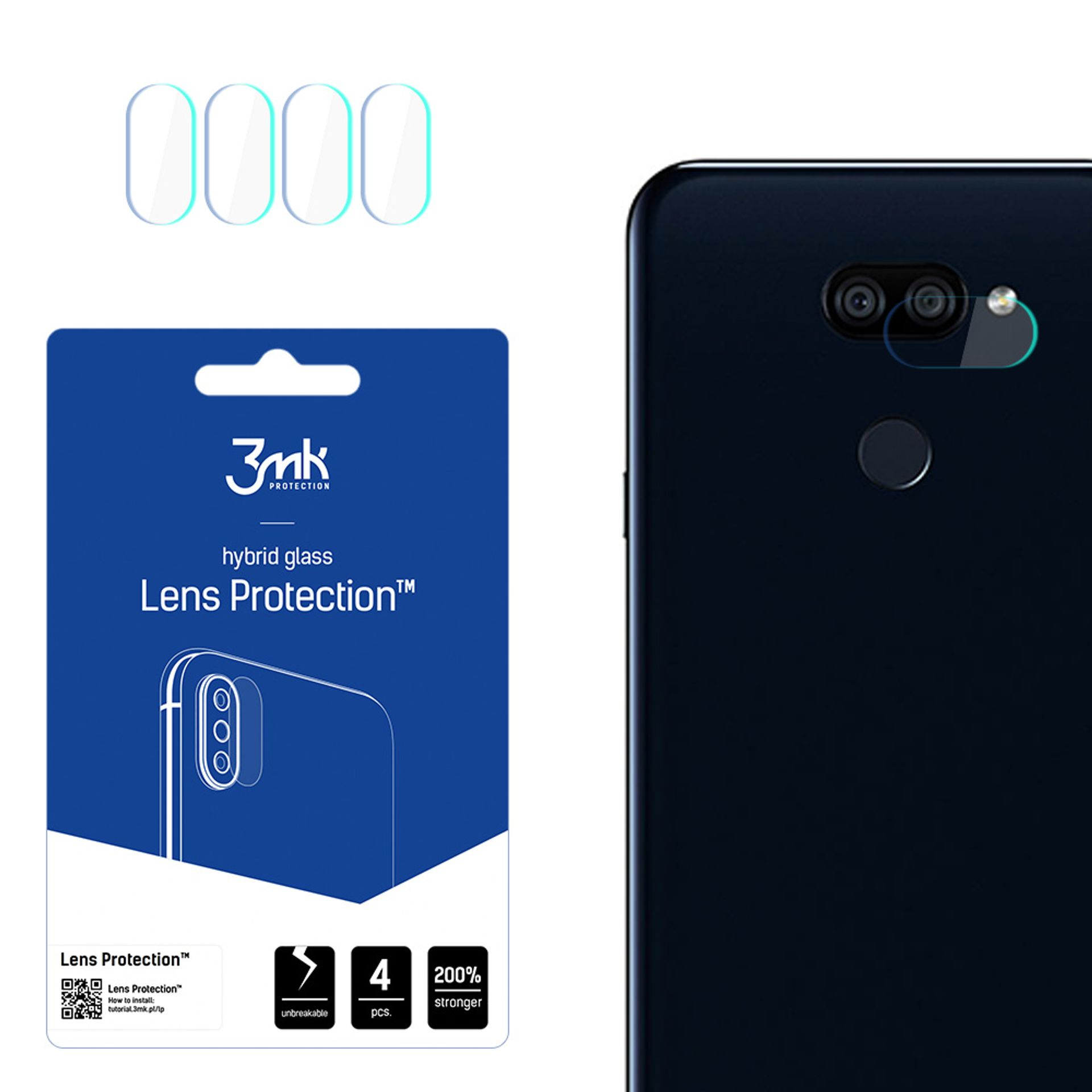 Un telefono e un pacchetto di protezione dell'obiettivo. La confezione presenta testo, contorni dell'obiettivo e un'immagine del telefono. Il telefono ha una protezione per l'obiettivo.