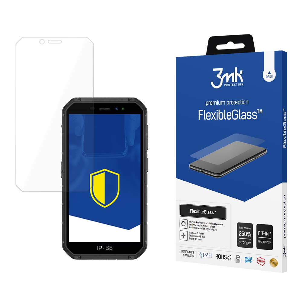 Un telefono e una scatola di protezione dello schermo. Il telefono è nero con uno scudo giallo sullo schermo. La scatola è blu.