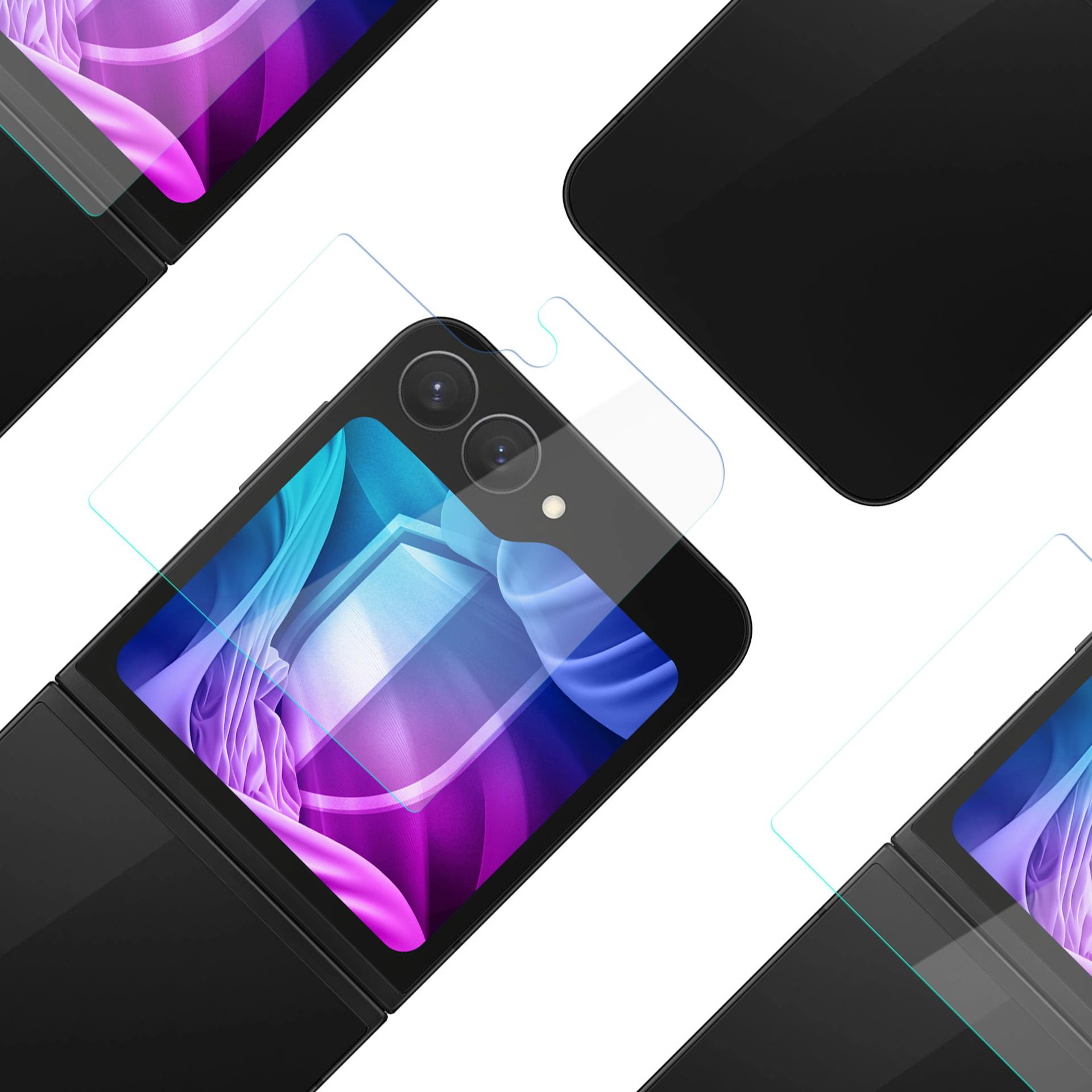 Telefoni pieghevoli neri con protezioni schermo, angolati su una superficie bianca. Gli schermi mostrano grafiche astratte viola e blu.