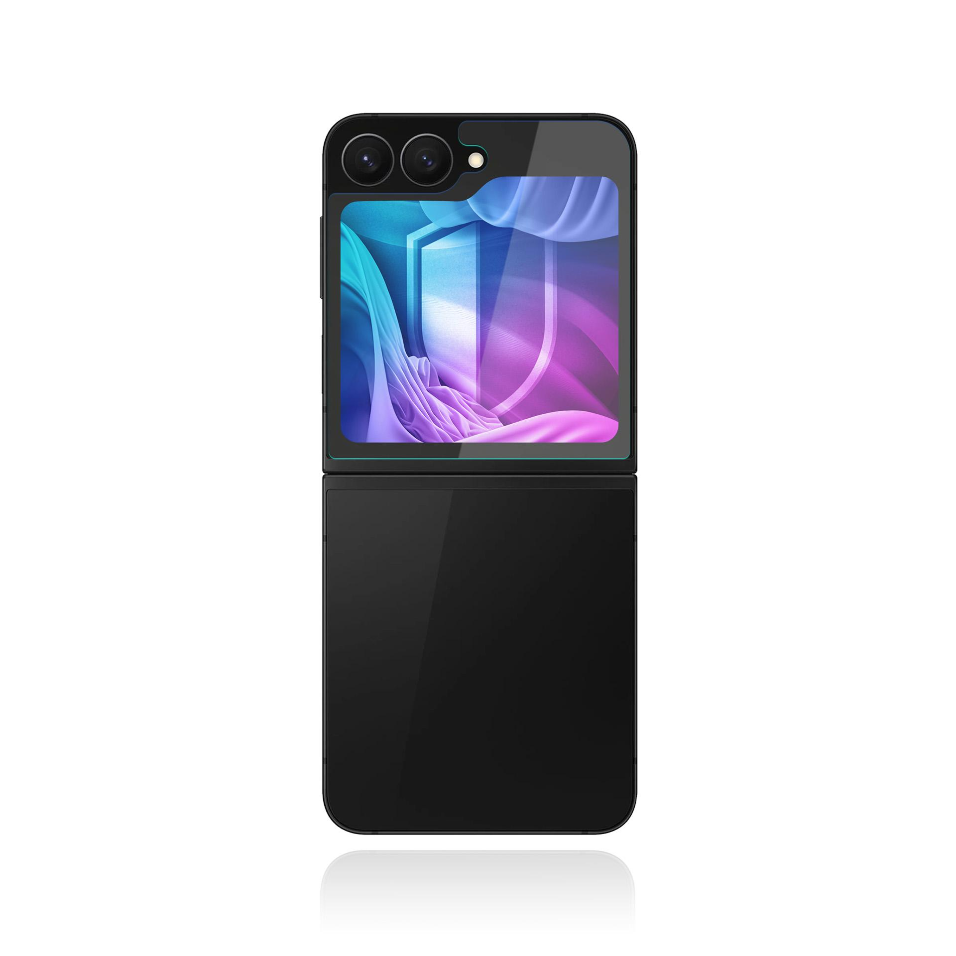 Uno smartphone pieghevole nero, aperto. Lo schermo mostra una grafica colorata. Il telefono è su sfondo bianco.