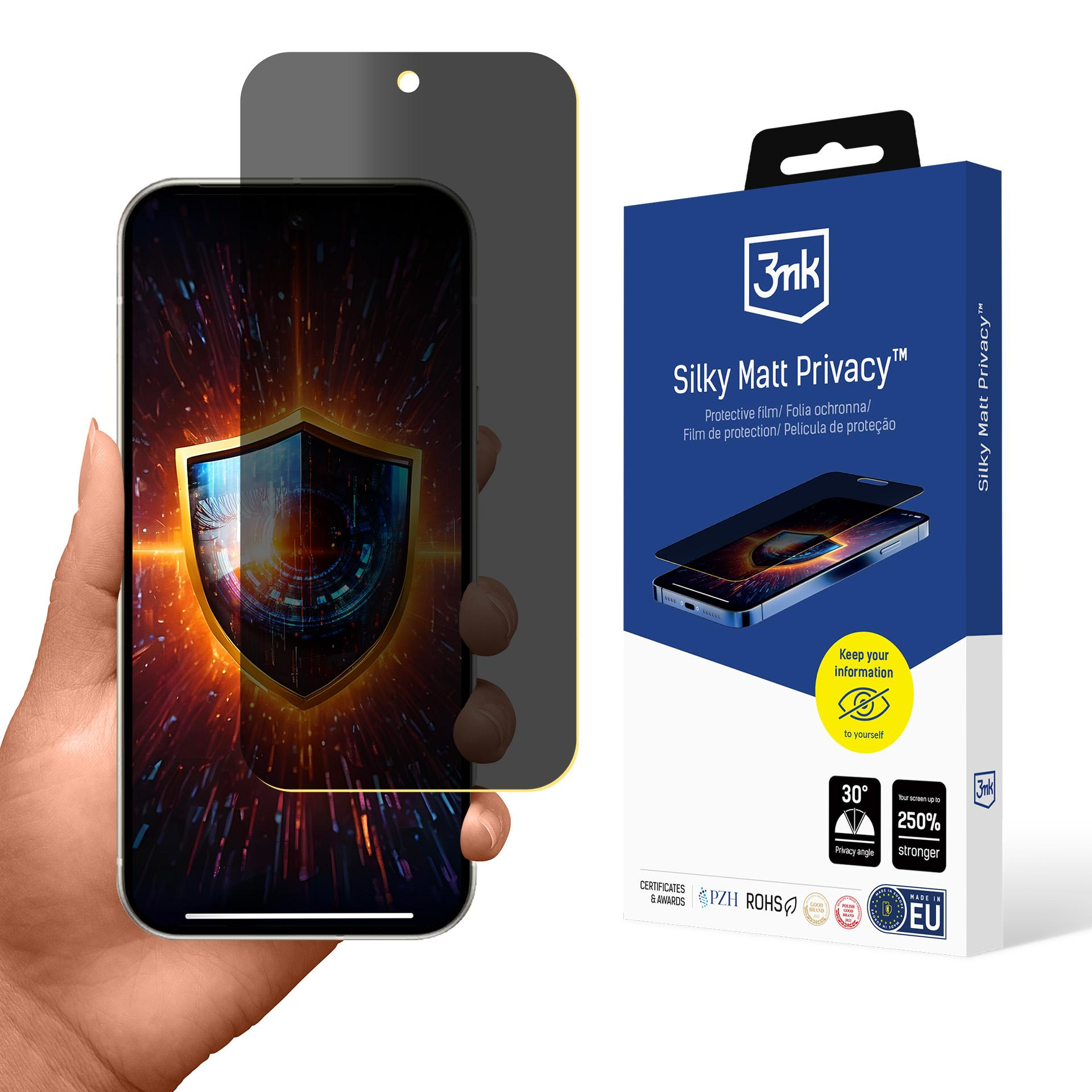 Una mano tiene un telefono con protezione schermo, una scatola con testo e logo e un'icona dell'angolo di privacy.