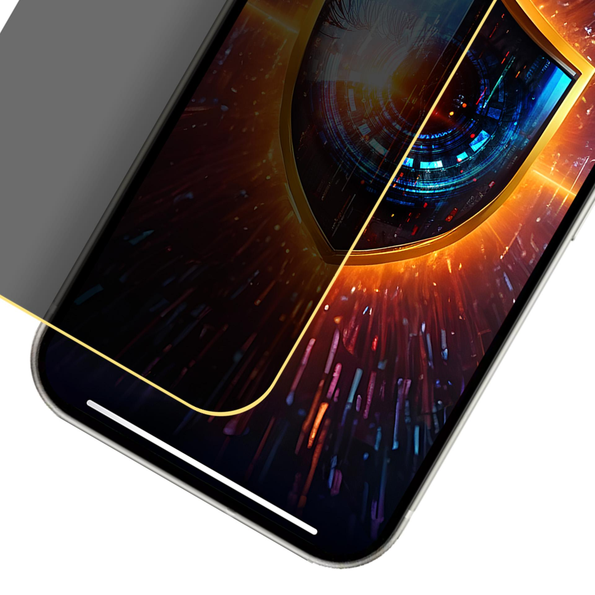 Schermo di smartphone con cornice dorata che mostra un occhio digitale. Uno schermo per la privacy copre parzialmente il display.