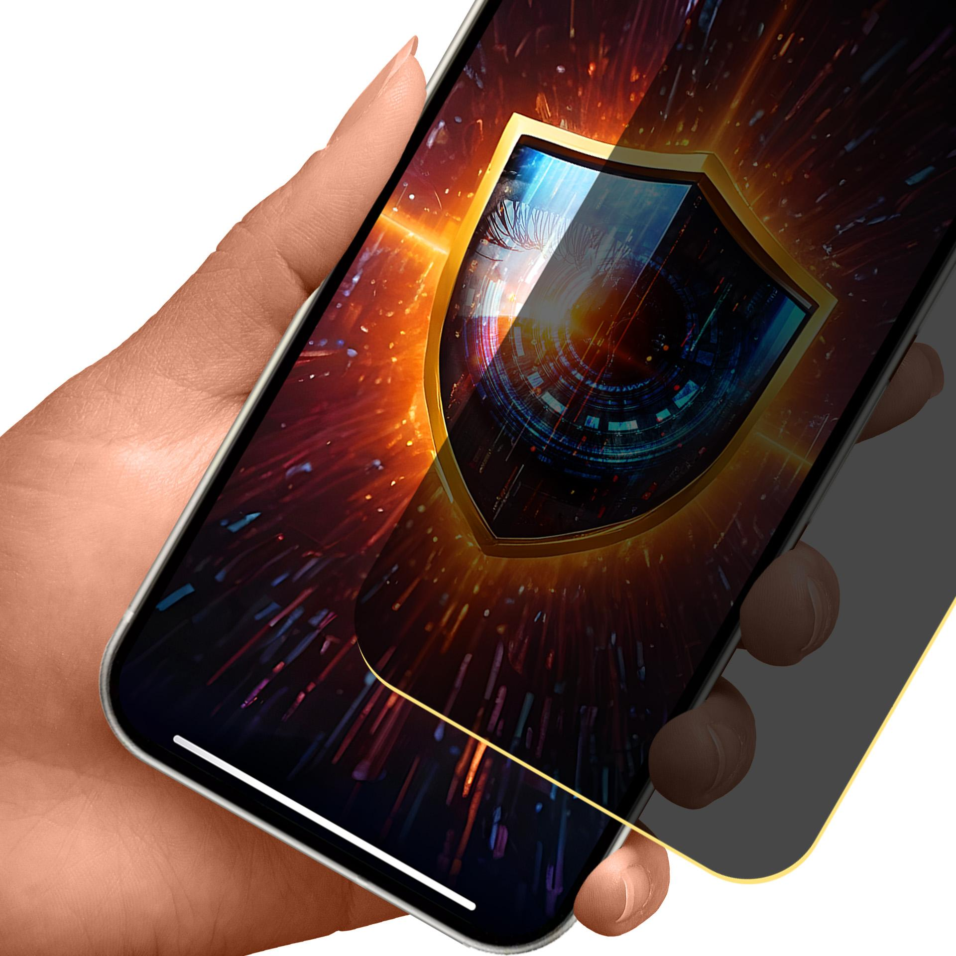 Mano che tiene un telefono con un'icona a scudo sullo schermo. Lo sfondo è un'esplosione di luce.