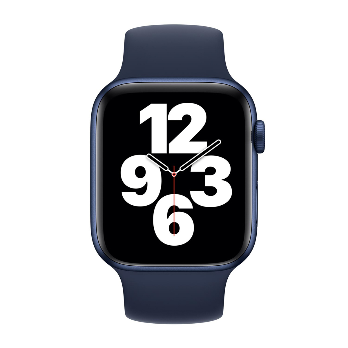 Un Apple Watch blu navy con schermo nero che mostra l'ora. I numeri 12, 9, 3 e 6 sono visibili.
