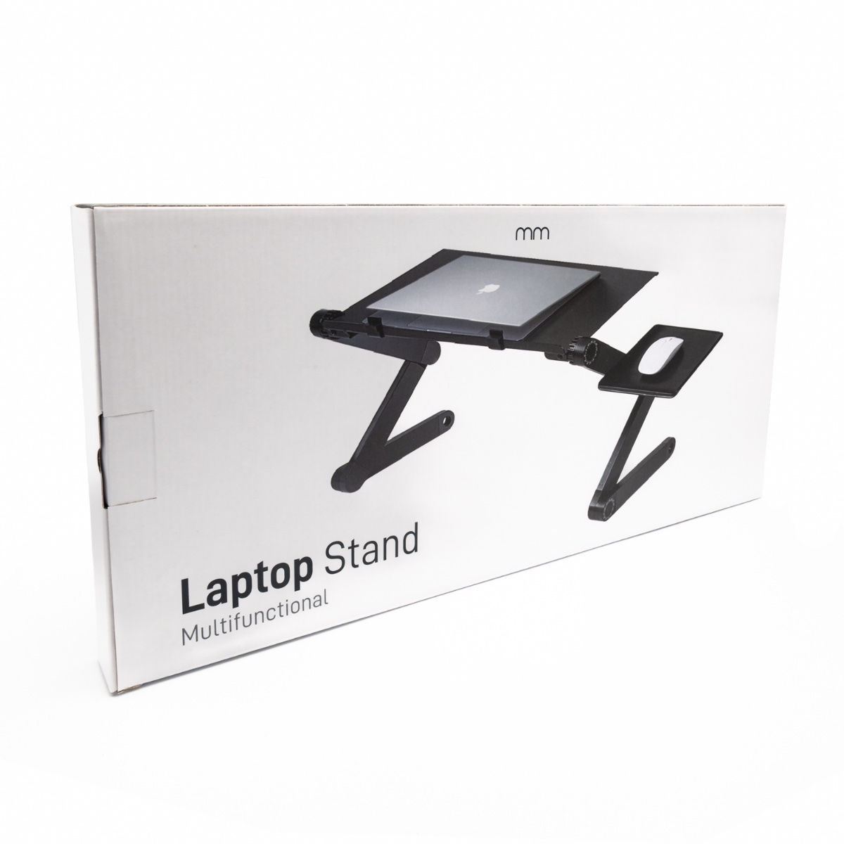 A white box with a black laptop stand. The stand has a laptop and a mouse platform. Text on the box reads 'Laptop Stand'.