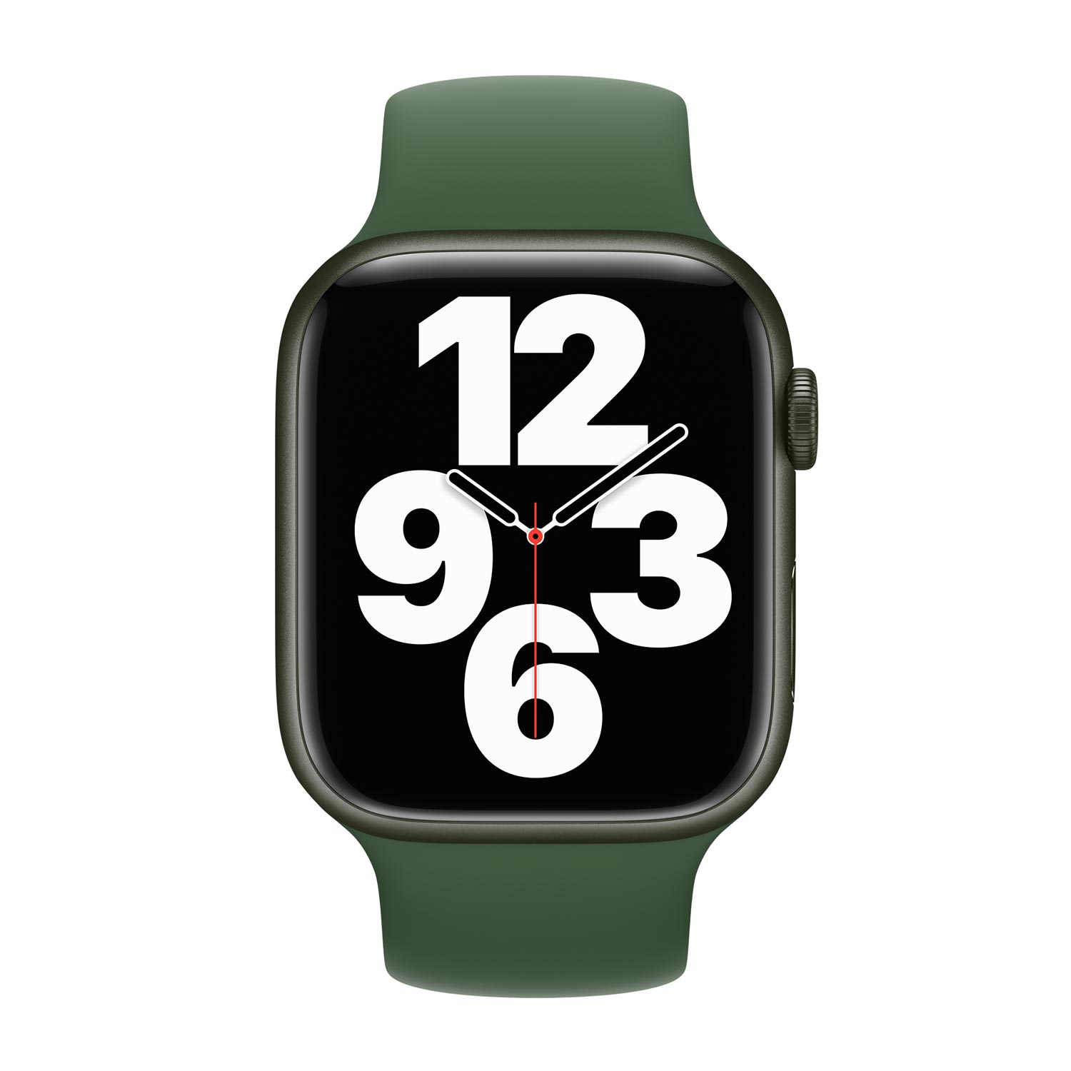 Apple Watch verde con schermo nero che mostra l'ora. Il cinturino è verde e l'orologio ha un display digitale.