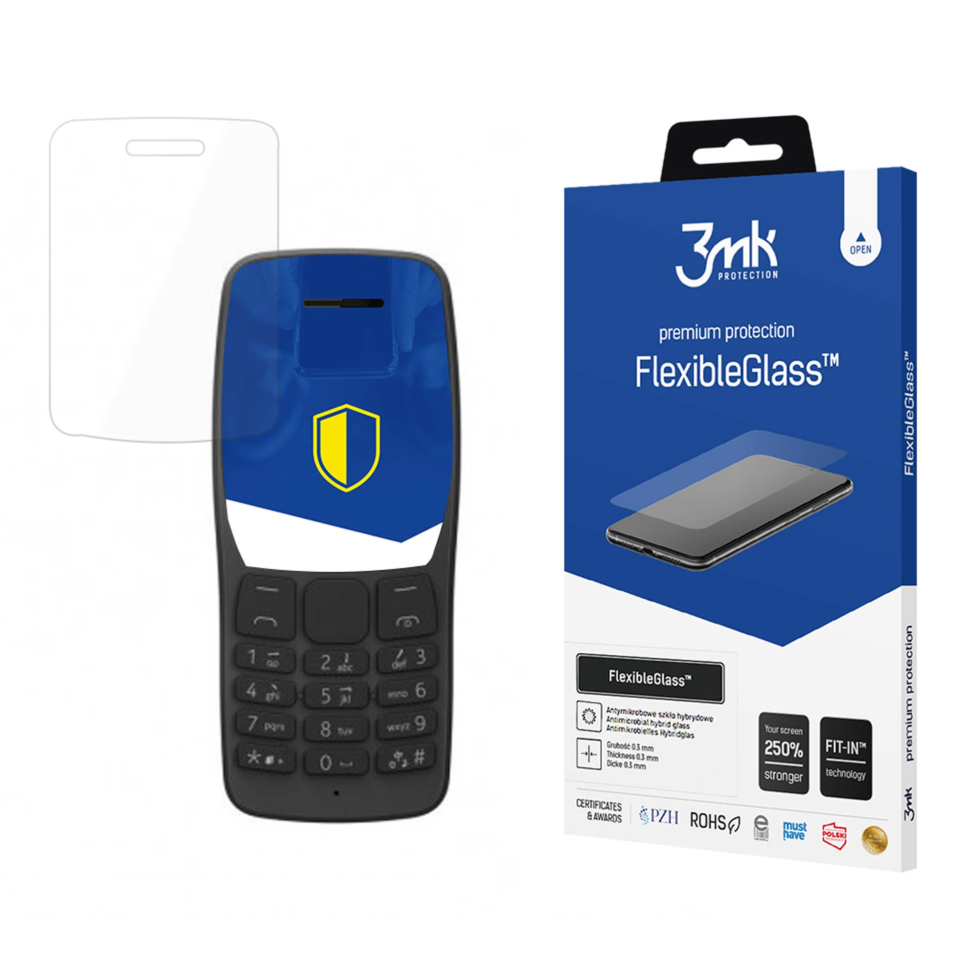 Un telefono e una protezione per lo schermo vengono visualizzati con una scatola blu. Il telefono ha un logo a scudo sullo schermo.