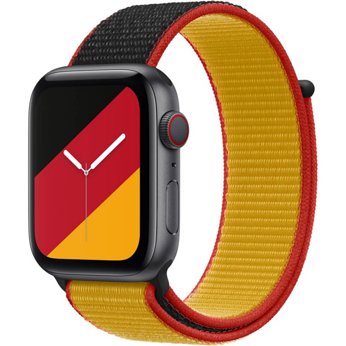 A smartwatch with a strap featuring the German flag colors. The watch face also displays the German flag colors.