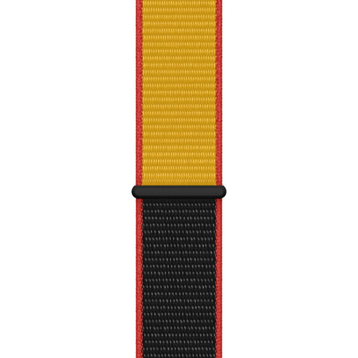 A watch band with a yellow center, black bottom and a red border. It has a black connector.