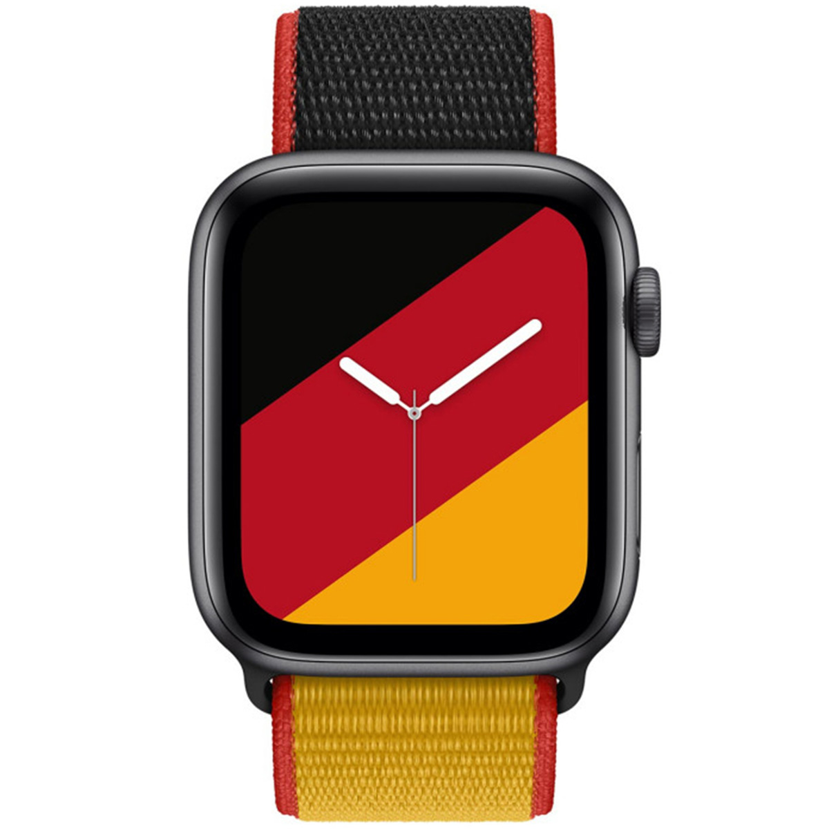 A black Apple Watch with a German flag watch face. The strap is black with red and yellow accents.