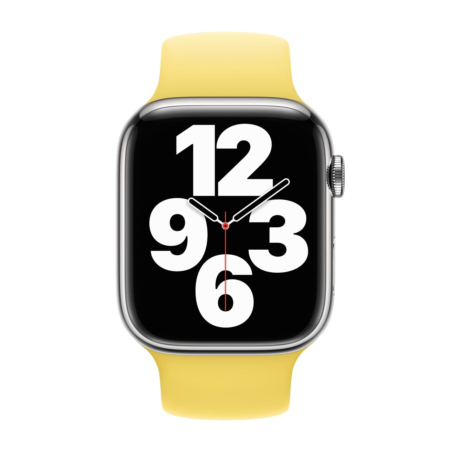 Apple Watch con cinturino giallo. Il quadrante mostra l'ora, con grandi numeri bianchi su sfondo nero.