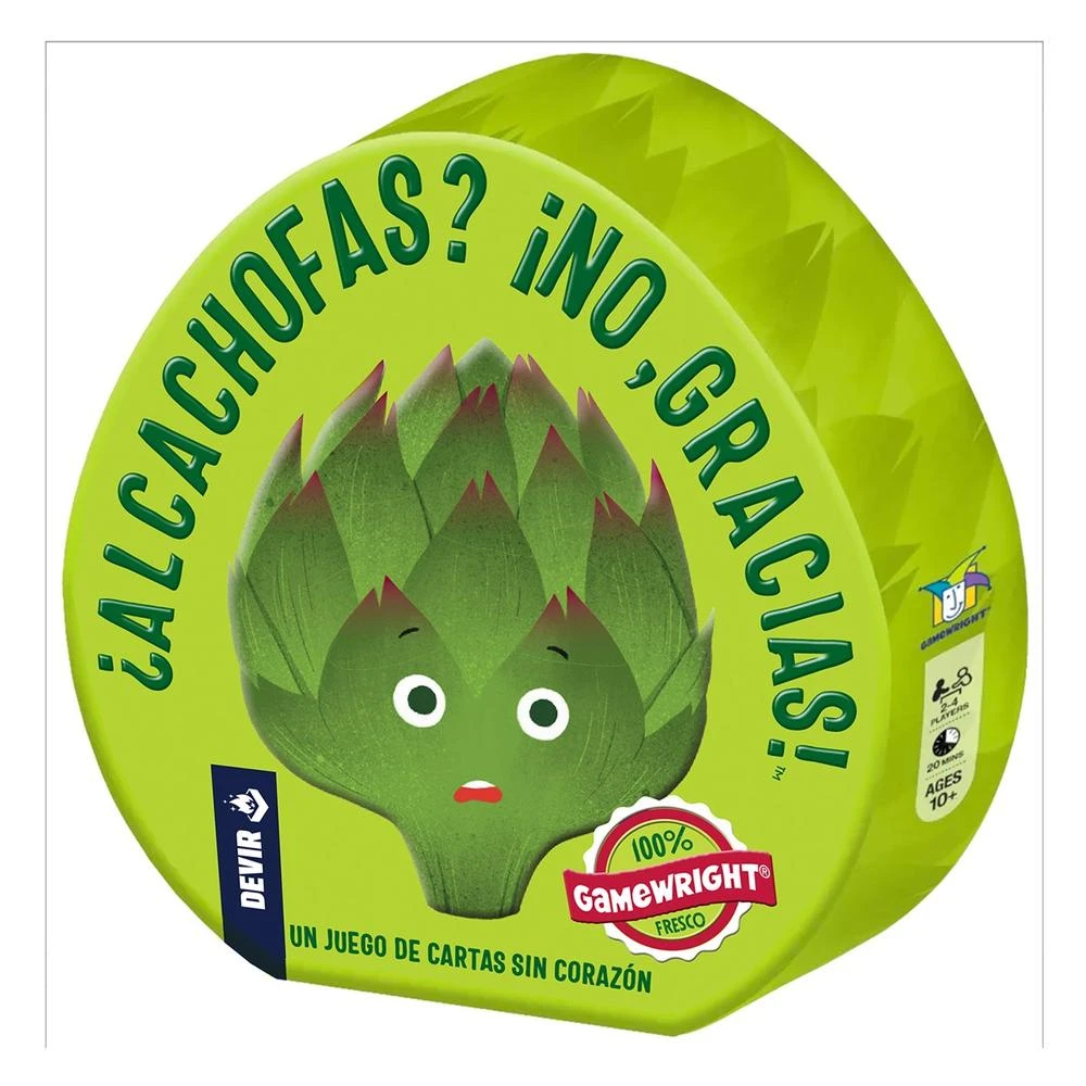 Una caja verde de juego de cartas con un personaje de alcachofa y texto en español. La caja dice '¡ALCACHOFAS? ¡NO, GRACIAS!'