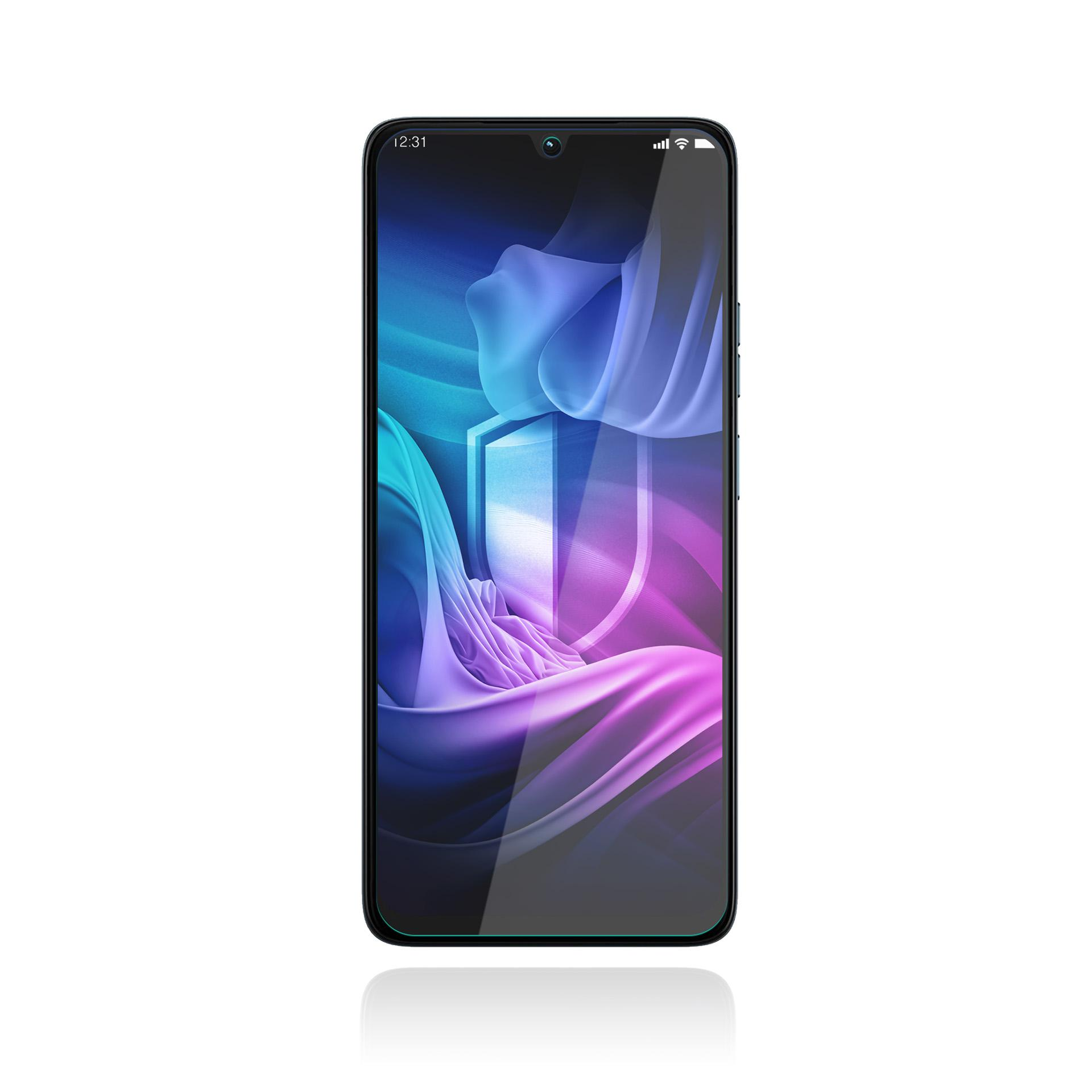 Smartfon z ekranem przedstawiającym płynny, abstrakcyjny wzór w kolorach niebieskim, fioletowym i różowym na białym tle.