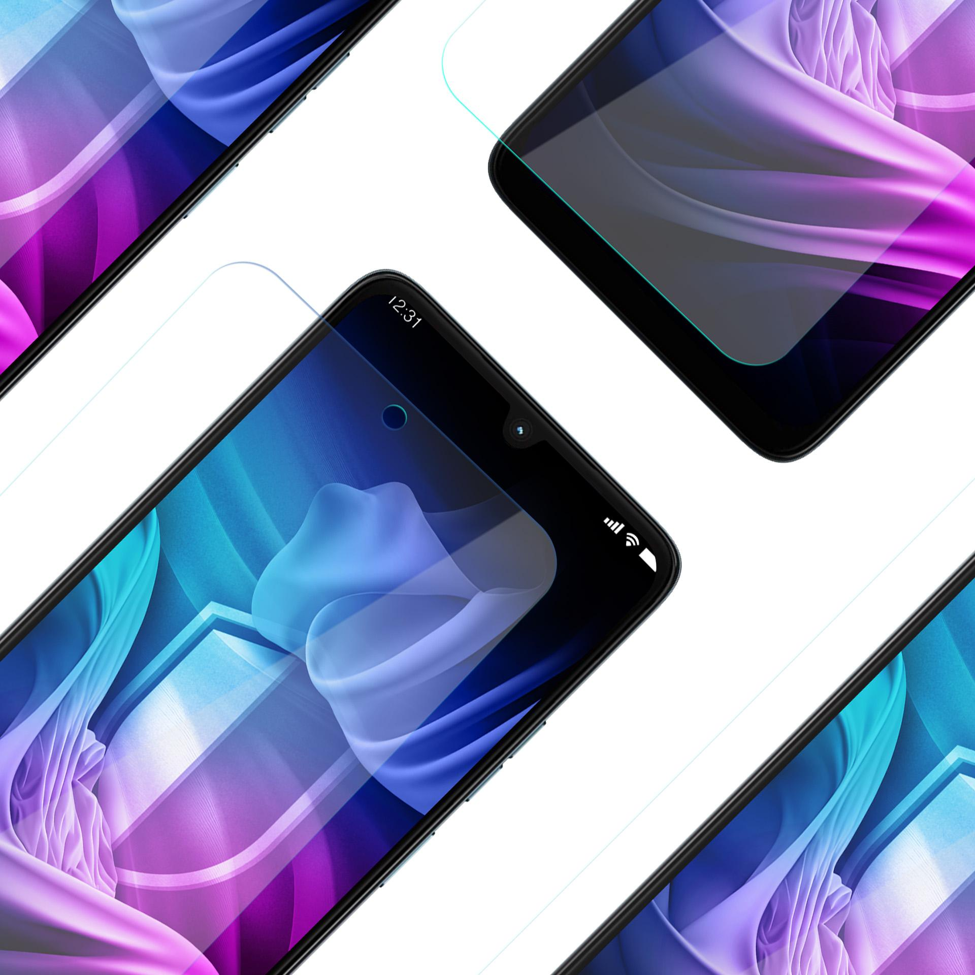 Kilka smartfonów z ochraniaczami ekranu ułożonych ukośnie. Ekrany wyświetlają kolorowy wzór. Tło jest białe.