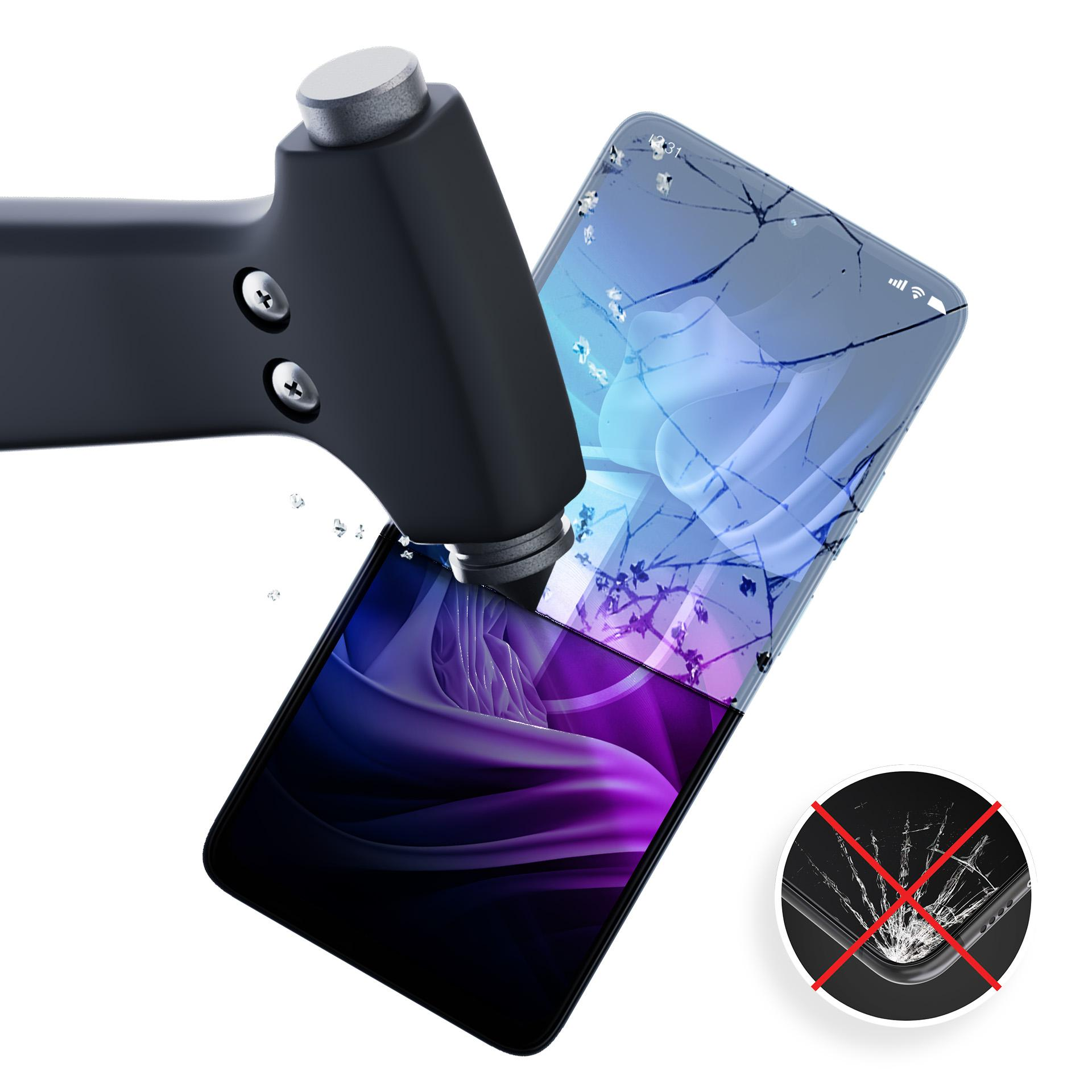 Telefon jest uderzany młotkiem, ekran jest pęknięty. Symbol zakazu pokazuje pęknięty ekran.