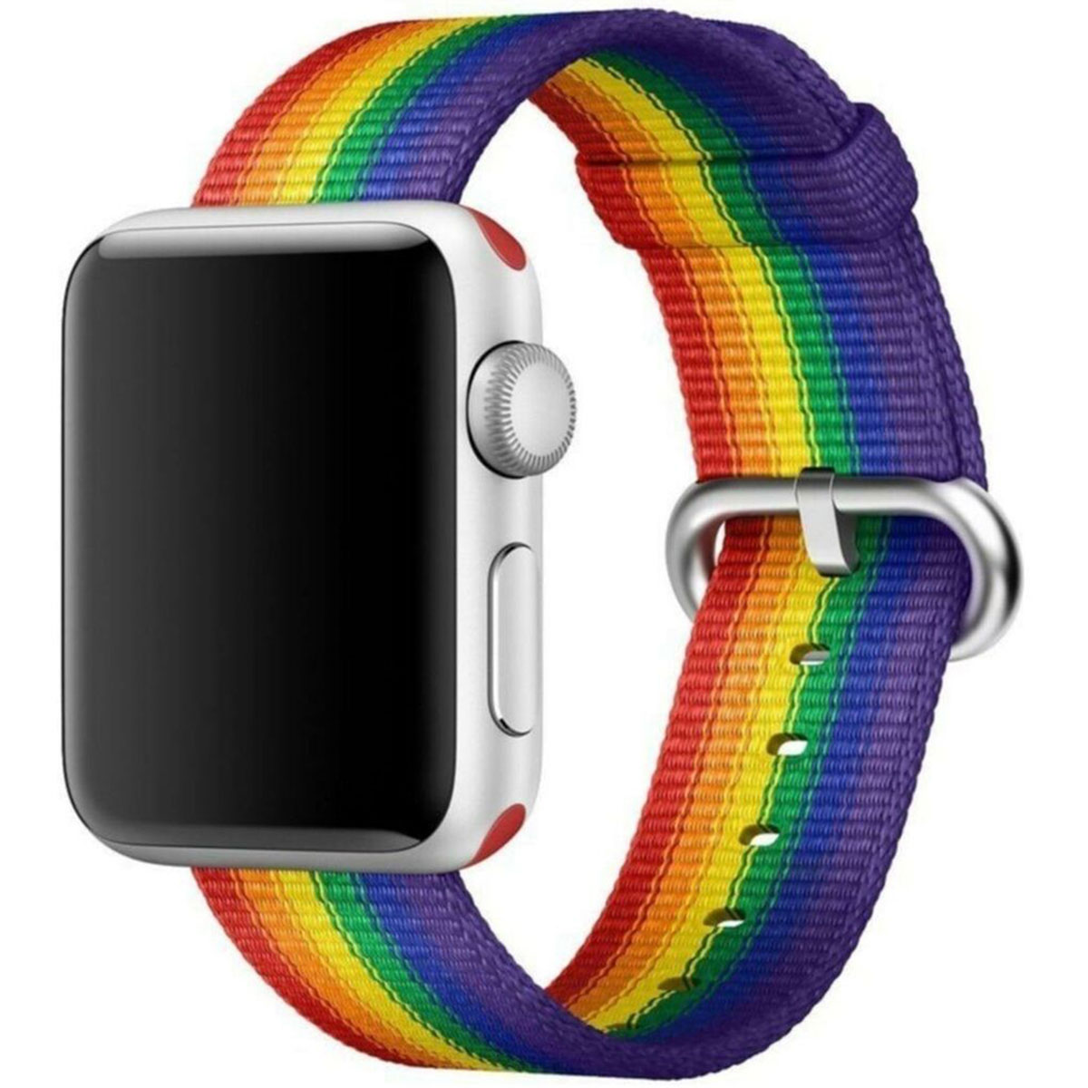 Un Apple Watch argentato con un cinturino arcobaleno. Il cinturino ha strisce rosse, arancioni, gialle, verdi, blu e viola.