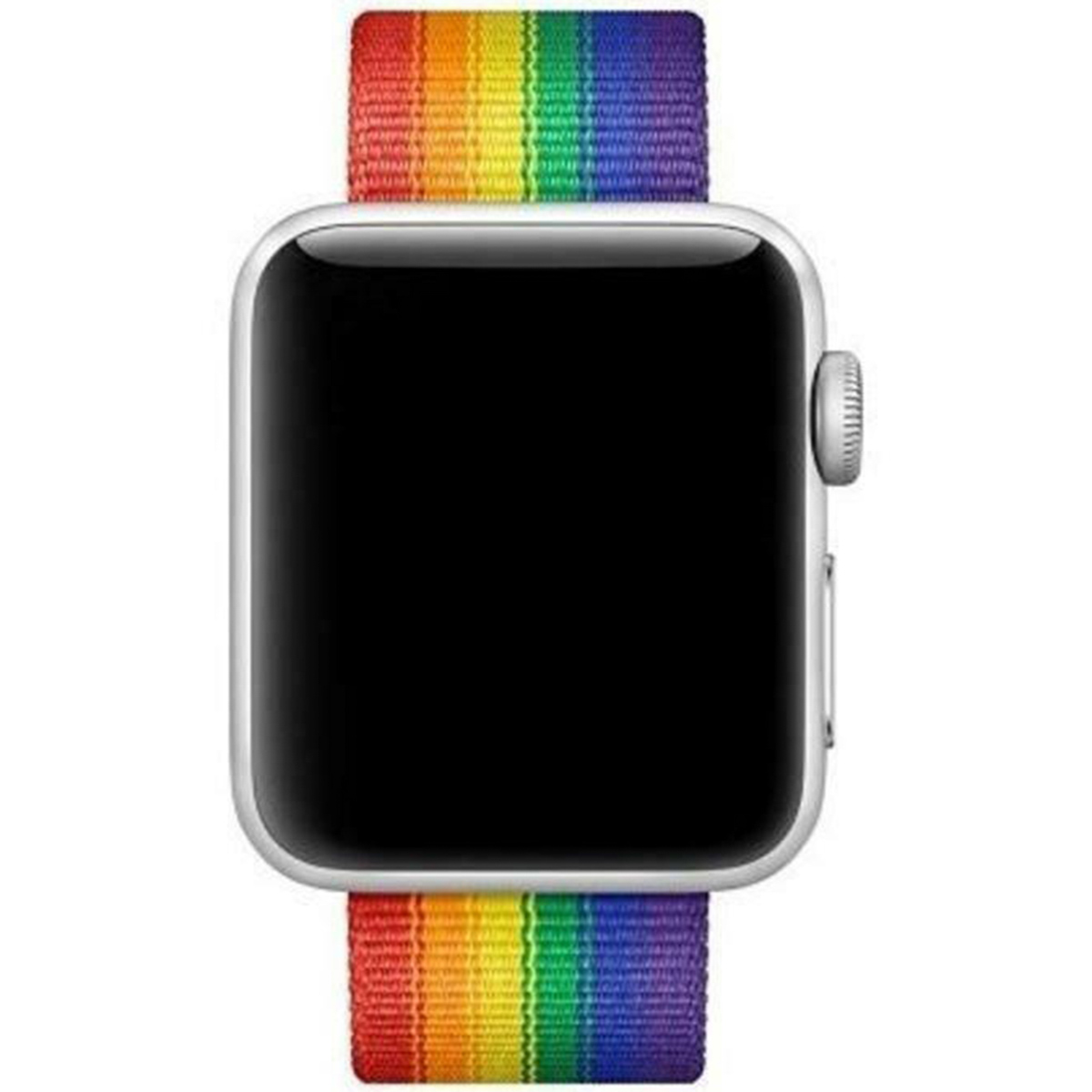 Apple Watch argentato con cinturino Pride arcobaleno. Il quadrante è nero. Il cinturino mostra i colori dell'arcobaleno.