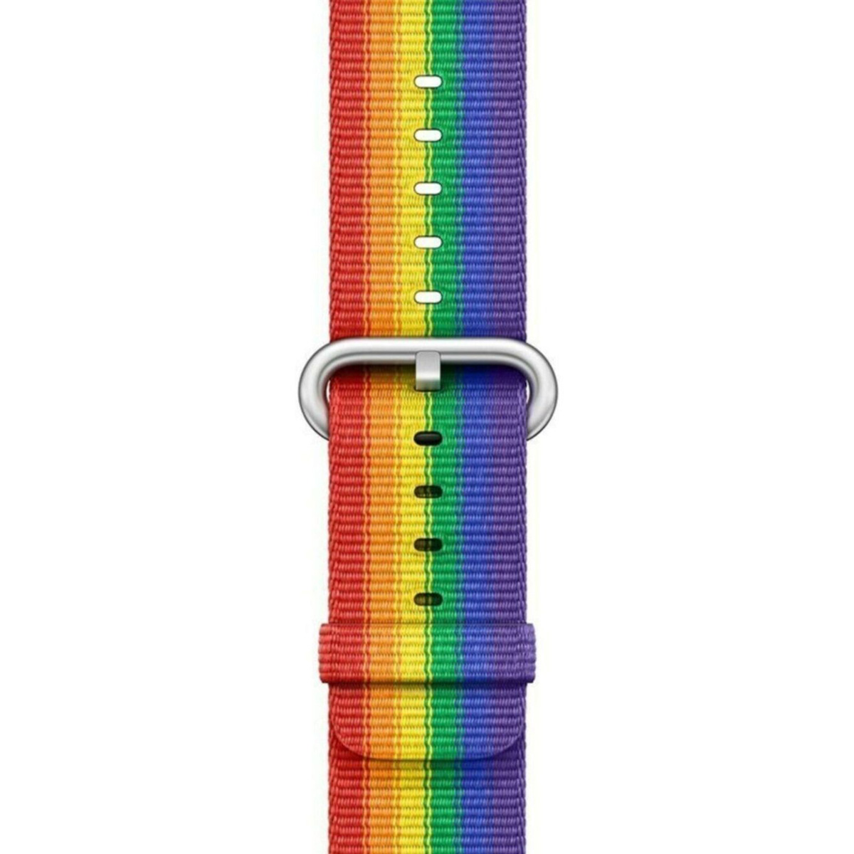 Primo piano di un cinturino a righe arcobaleno con fibbia argentata, che mostra i colori della bandiera LGBTQ+.