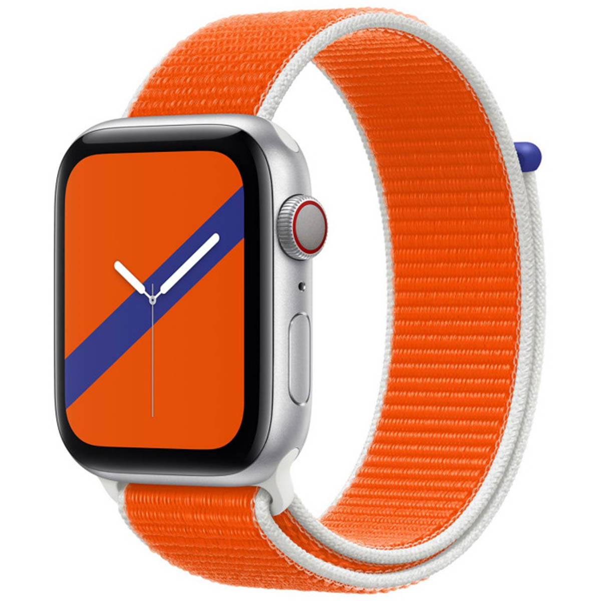 Silver Apple Watch with orange strap. The watch face is orange and blue. The strap is orange and white.
