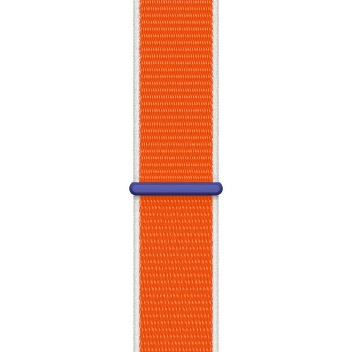 Orange and white striped watch band with a blue clasp. The band is centered and vertical against a white background.