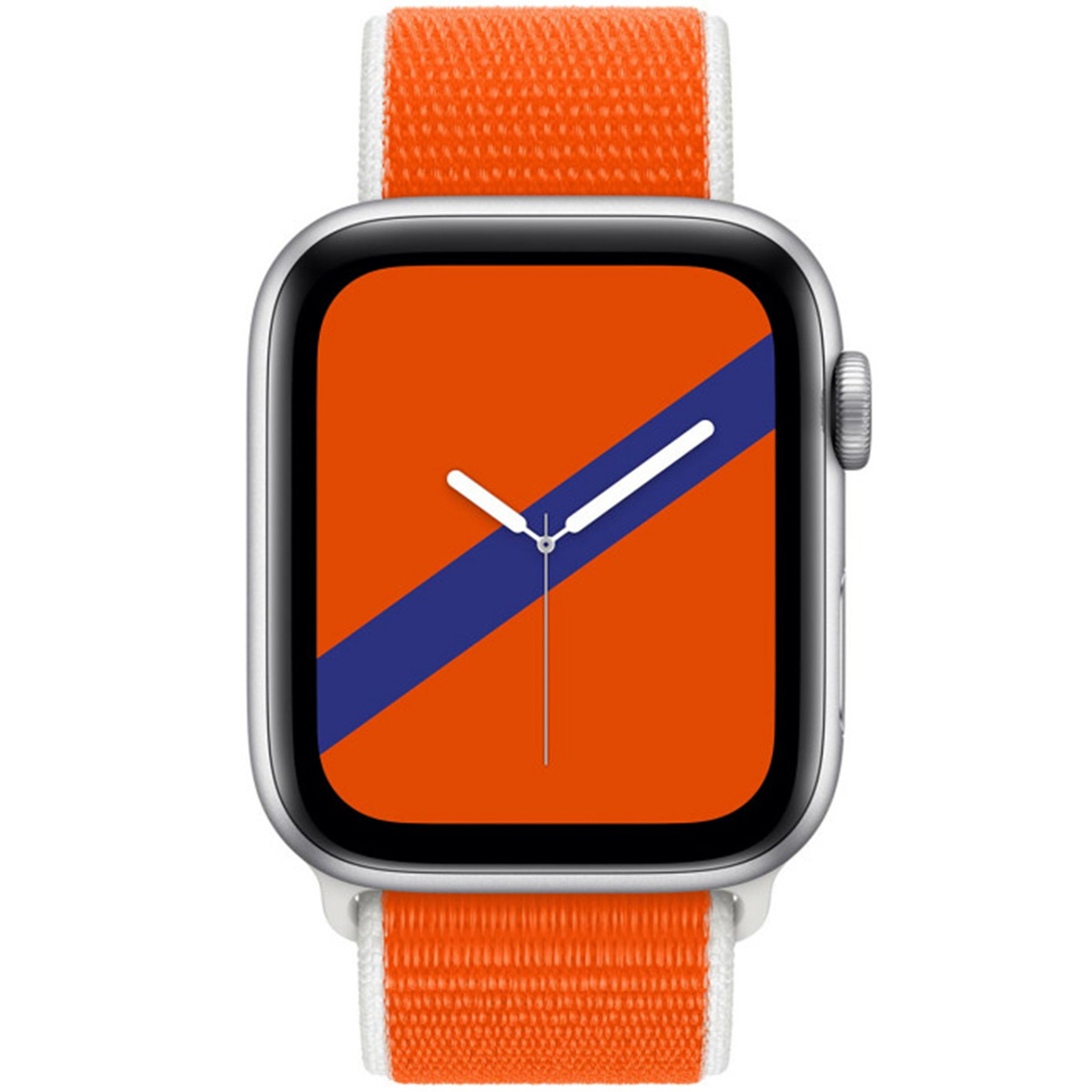 Silver Apple Watch with orange strap. The watch face is orange with a blue diagonal stripe and white hands.