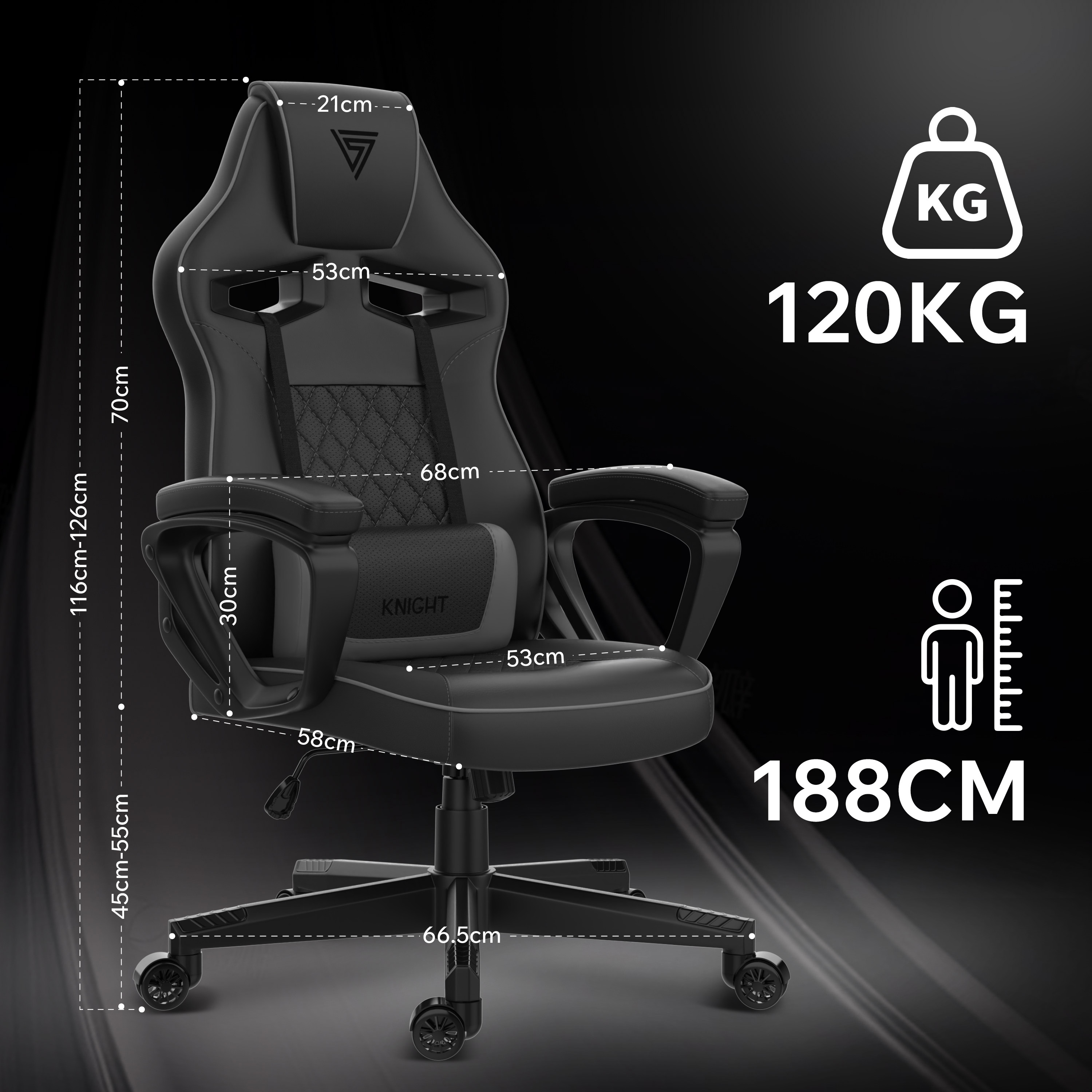 Chaise gaming noire avec dimensions et détails de poids, incluant capacité de 120KG et indicateur de hauteur de 188CM.