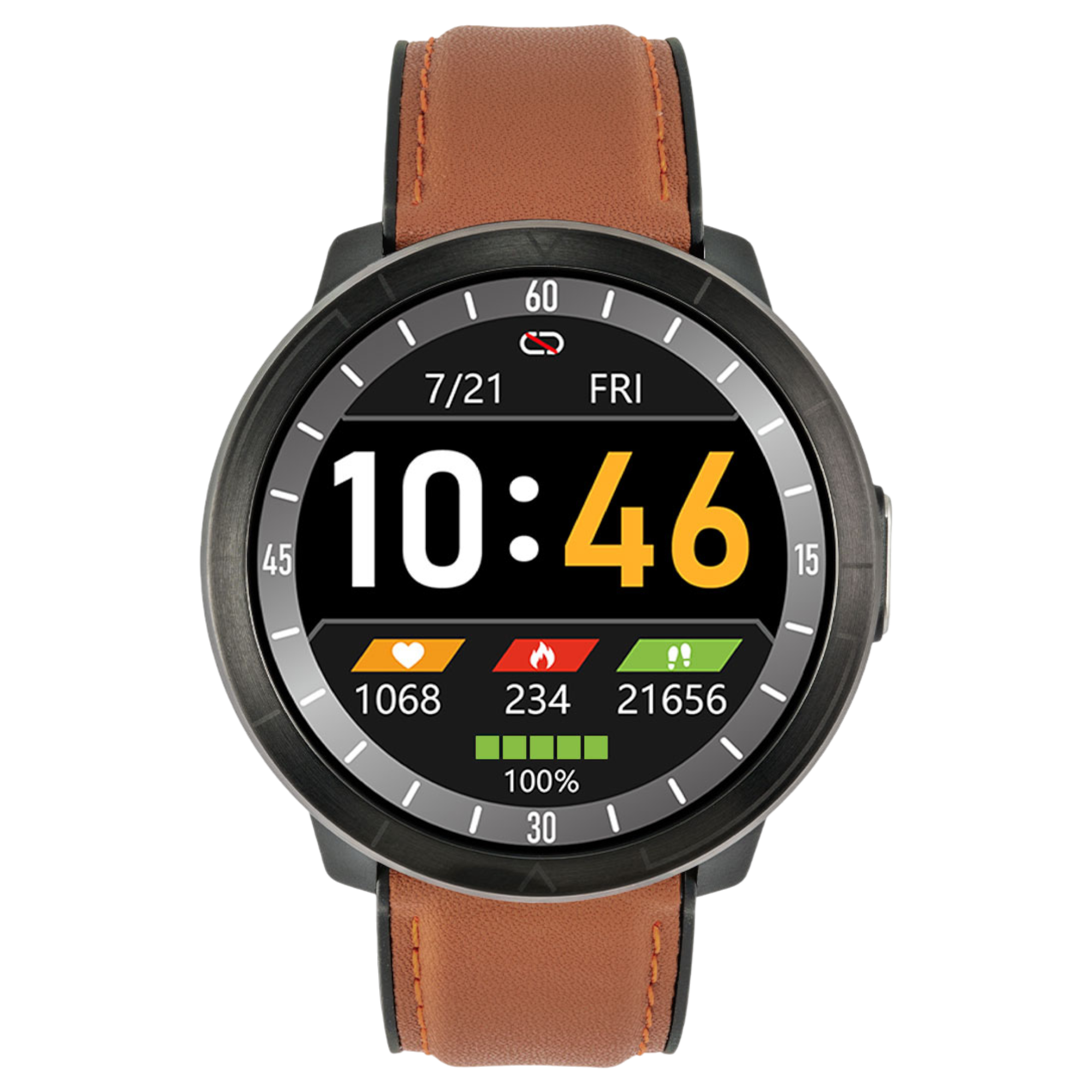 Smartwatch z brązowym skórzanym paskiem wyświetlający godzinę 10:46, datę i dane aktywności na czarnym tle.