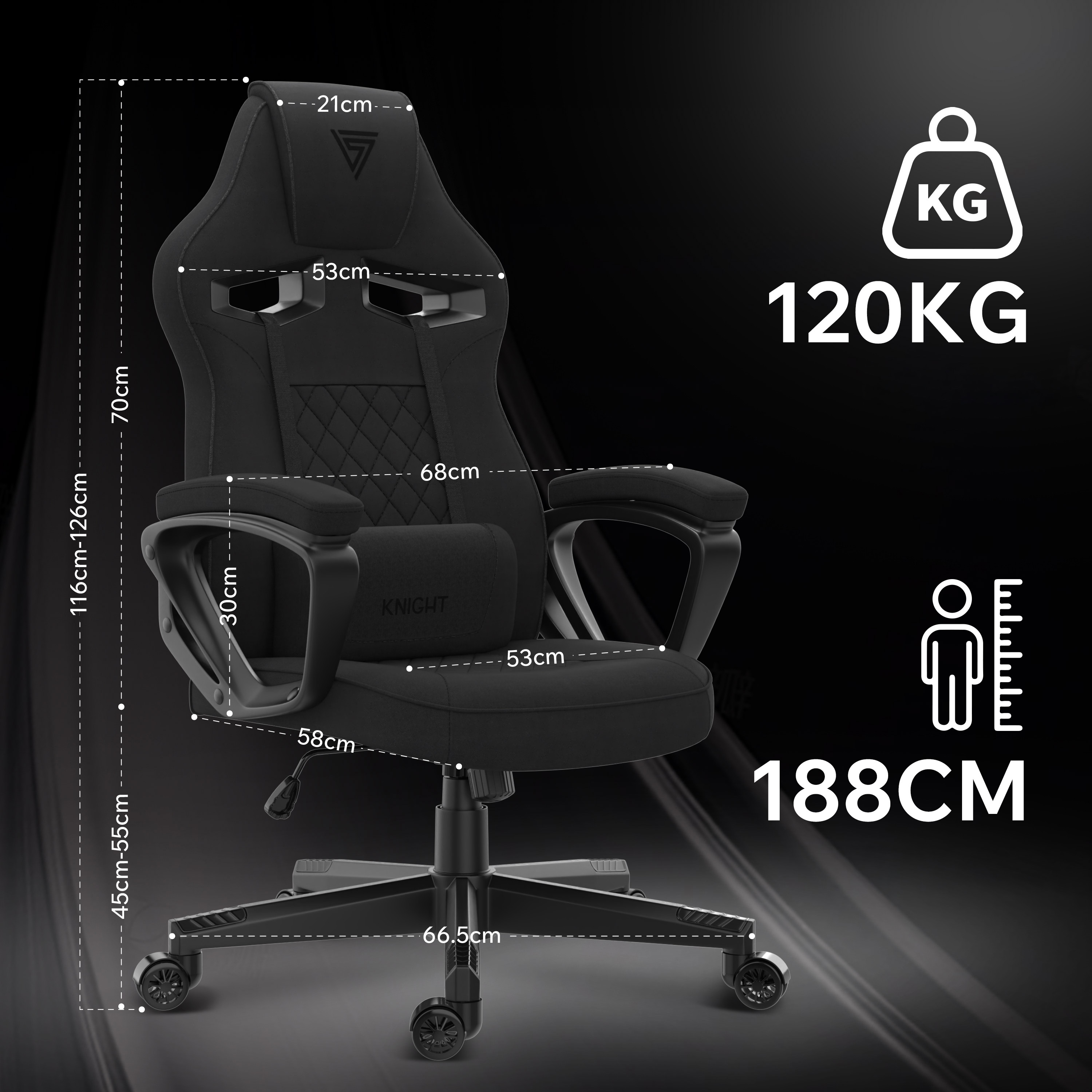 Zwarte gamingstoel met afmetingen en gewichtsdetails, waaronder 120KG gewicht en 188CM hoogte, op een zwarte achtergrond.