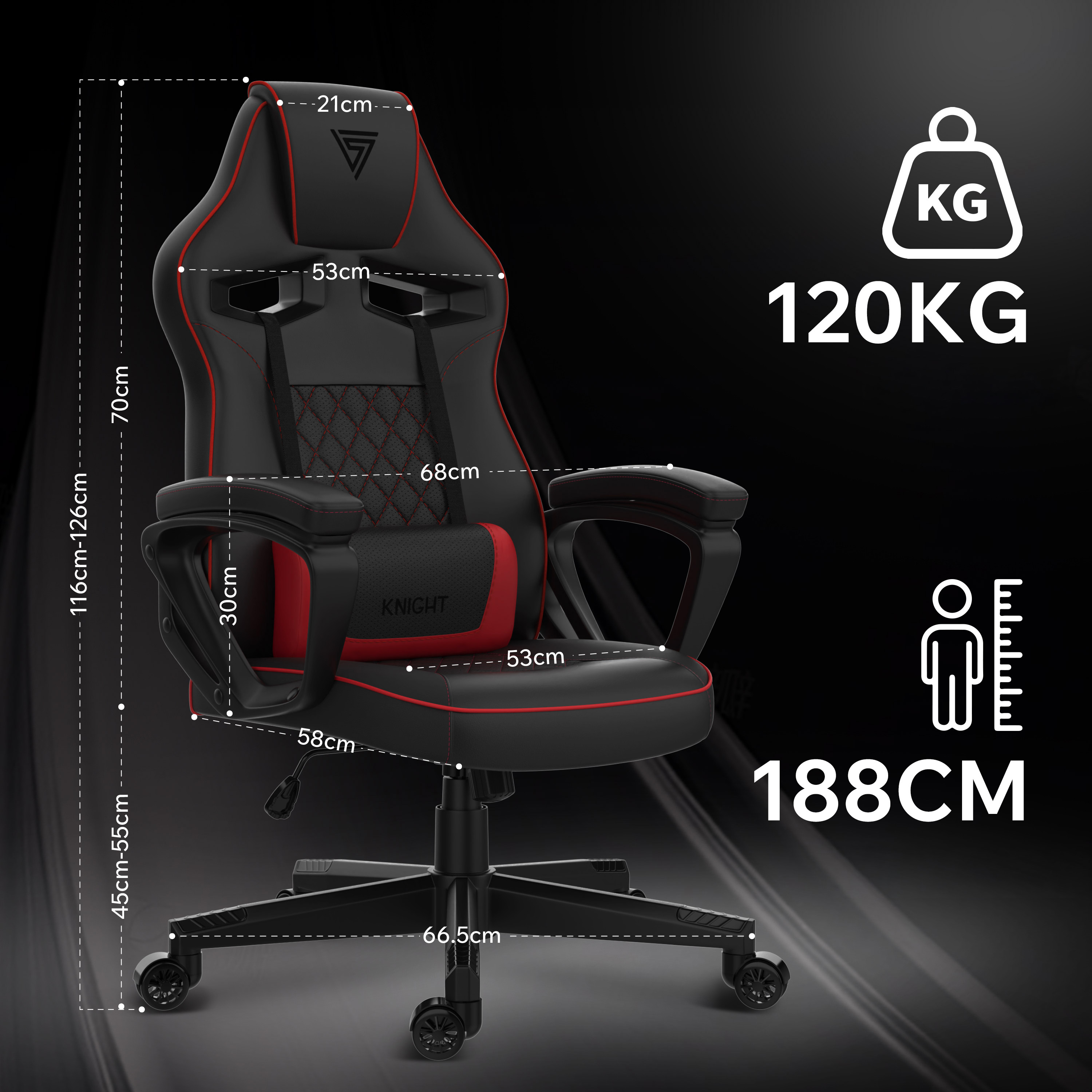 Un fauteuil de jeu noir et rouge avec des dimensions et des étiquettes de poids. La chaise a une base noire et des accents rouges.