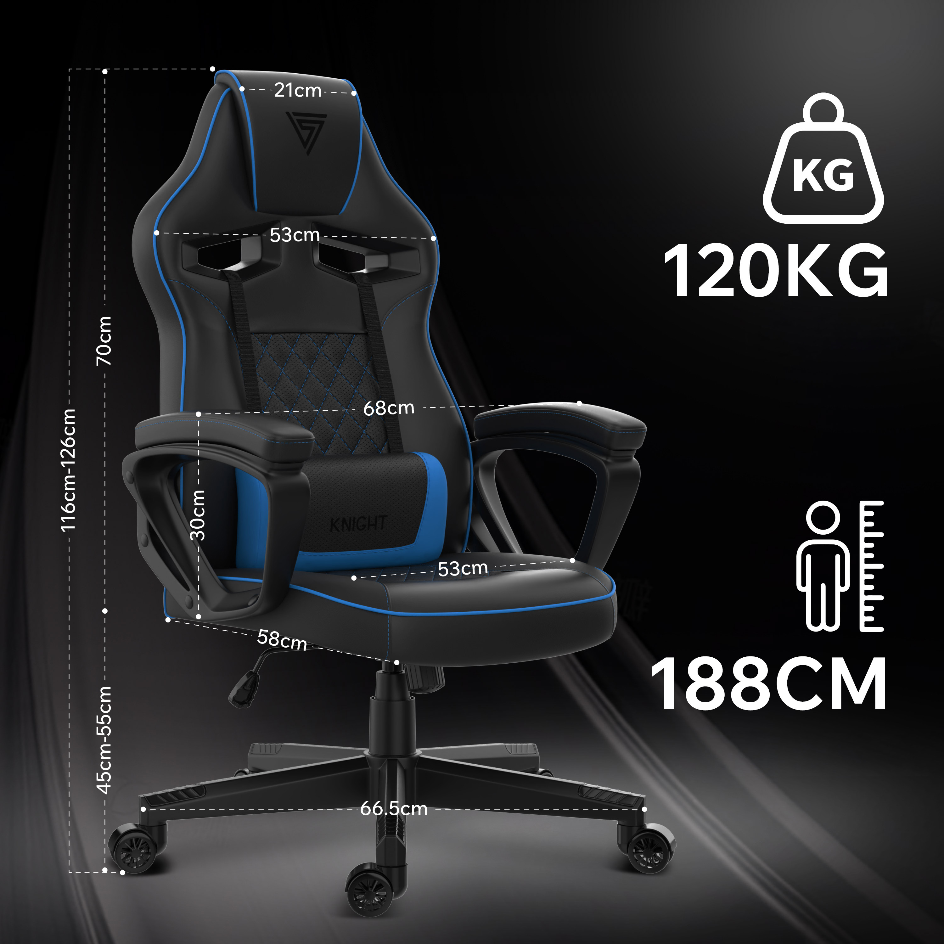 Chaise gaming noire et bleue avec dimensions et poids, sur fond noir.