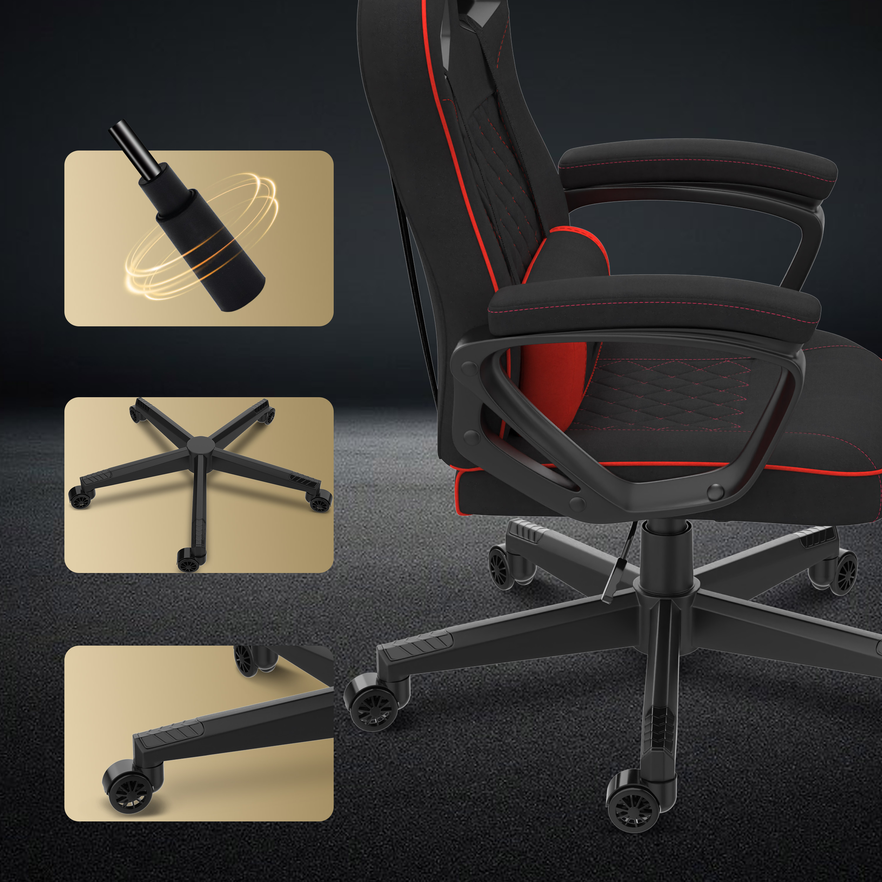 Une chaise gaming avec tissu noir, coutures rouges et accents rouges. Dispose d'une base en étoile avec roues et mécanisme de levage à gaz.