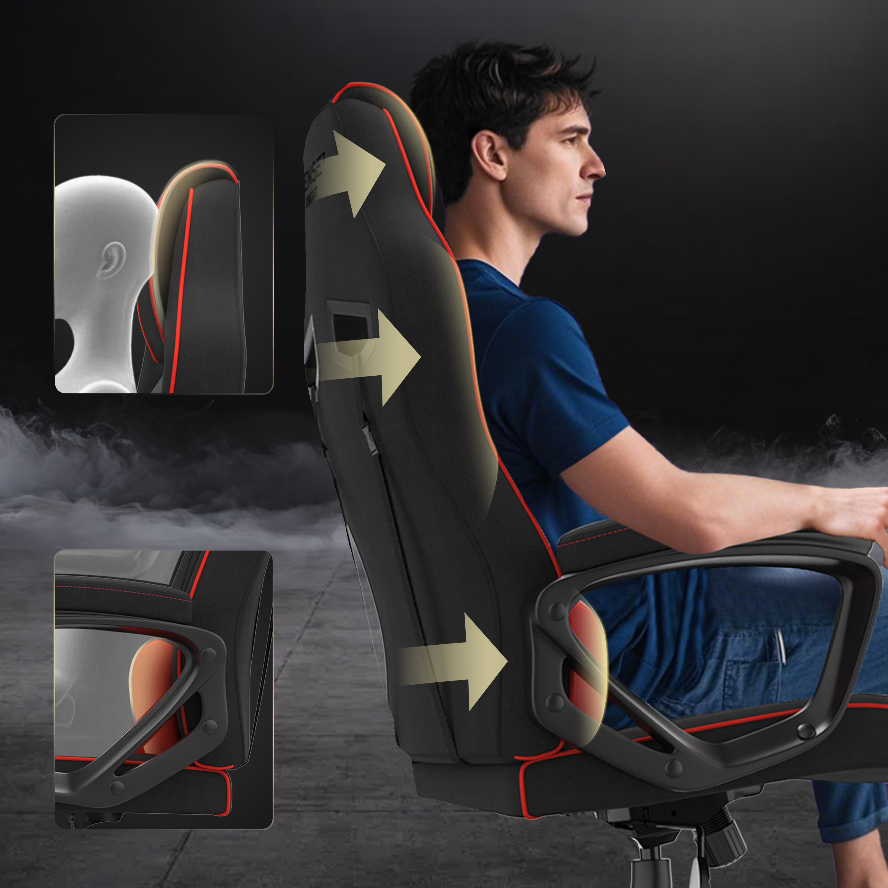 Homme en chemise bleue et jean assis sur une chaise gaming noire avec garnitures rouges. Des flèches illustrent les caractéristiques.