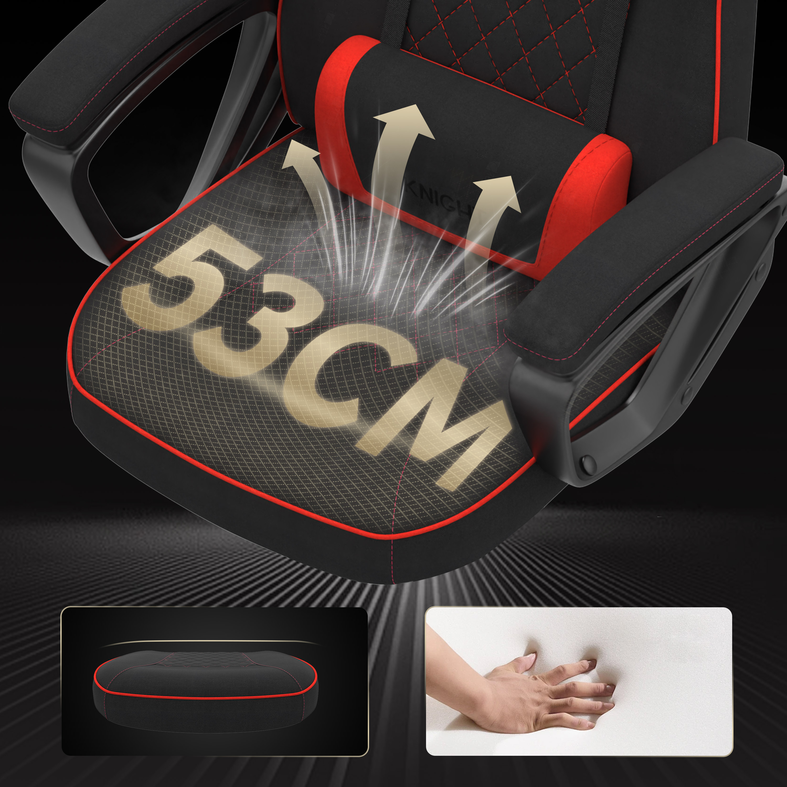 Détail du fauteuil gaming. Noir avec des accents rouges. A un coussin avec le texte 53CM. Comprend une main appuyant sur de la mousse.