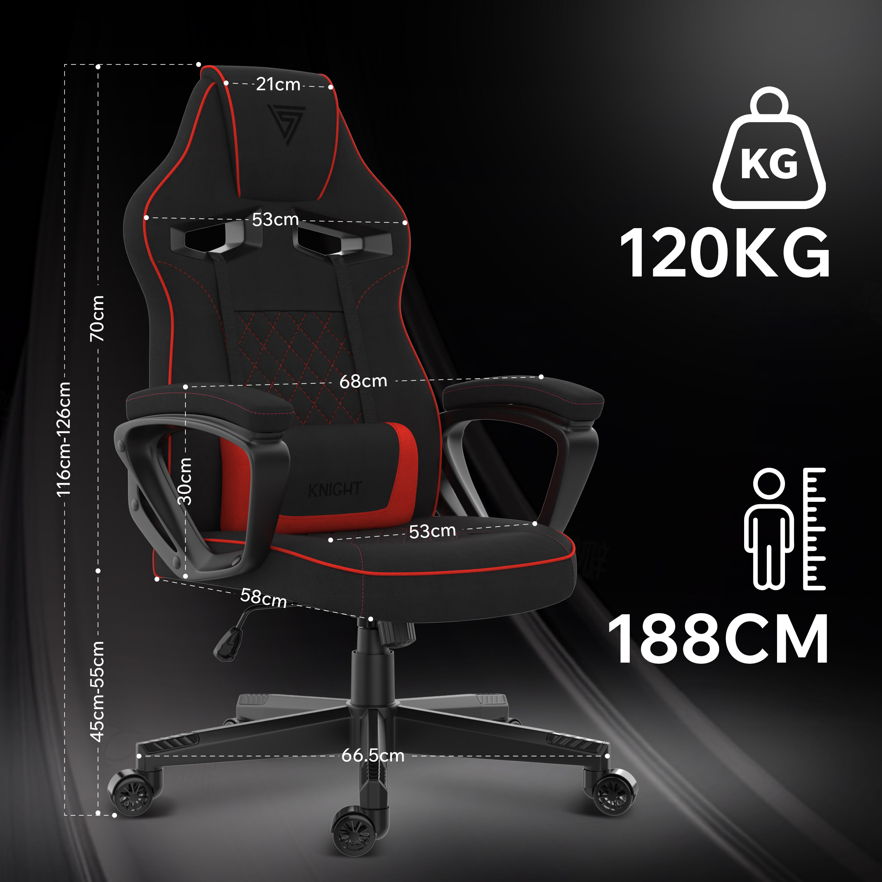 Chaise de jeu noire et rouge avec dimensions affichées. Inclut capacité de poids et indicateurs de hauteur. Fond noir.