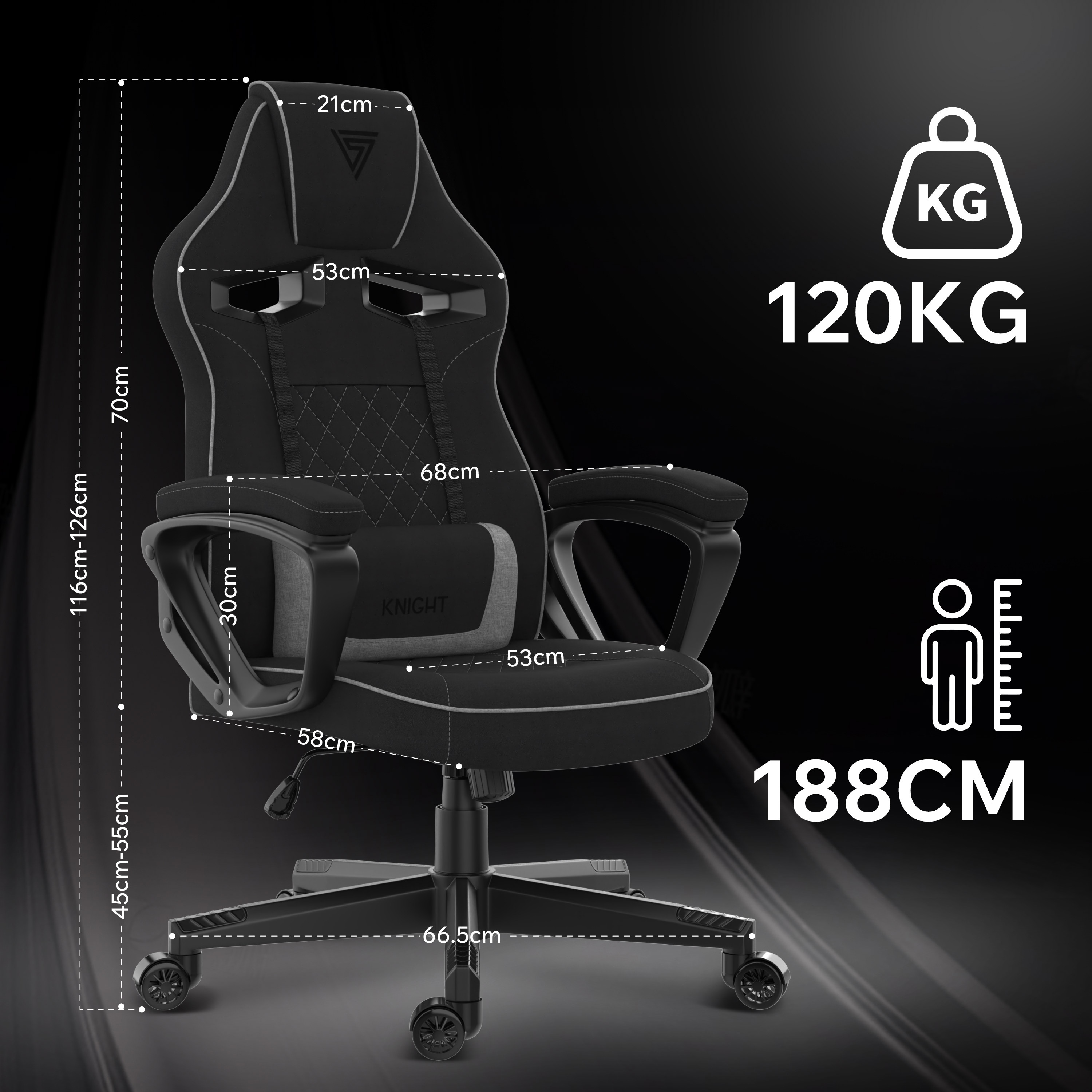 Chaise gaming noire avec indicateurs de dimensions et infos de capacité de poids. Affiche la taille.
