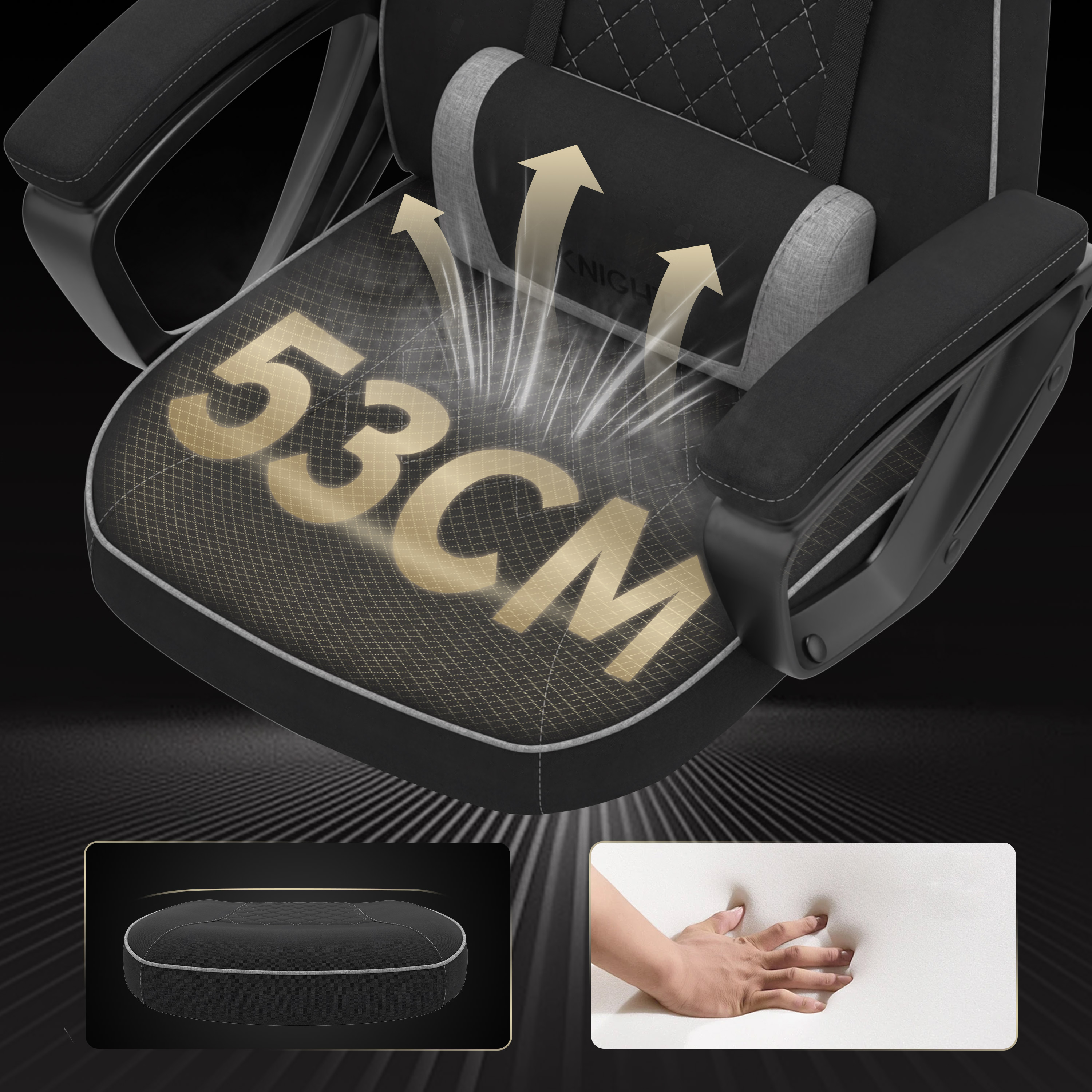 Chaise gaming noire avec texte 53CM. Flèches indiquent le flux d'air. Comprend des gros plans du coussin et main touchant la mousse.