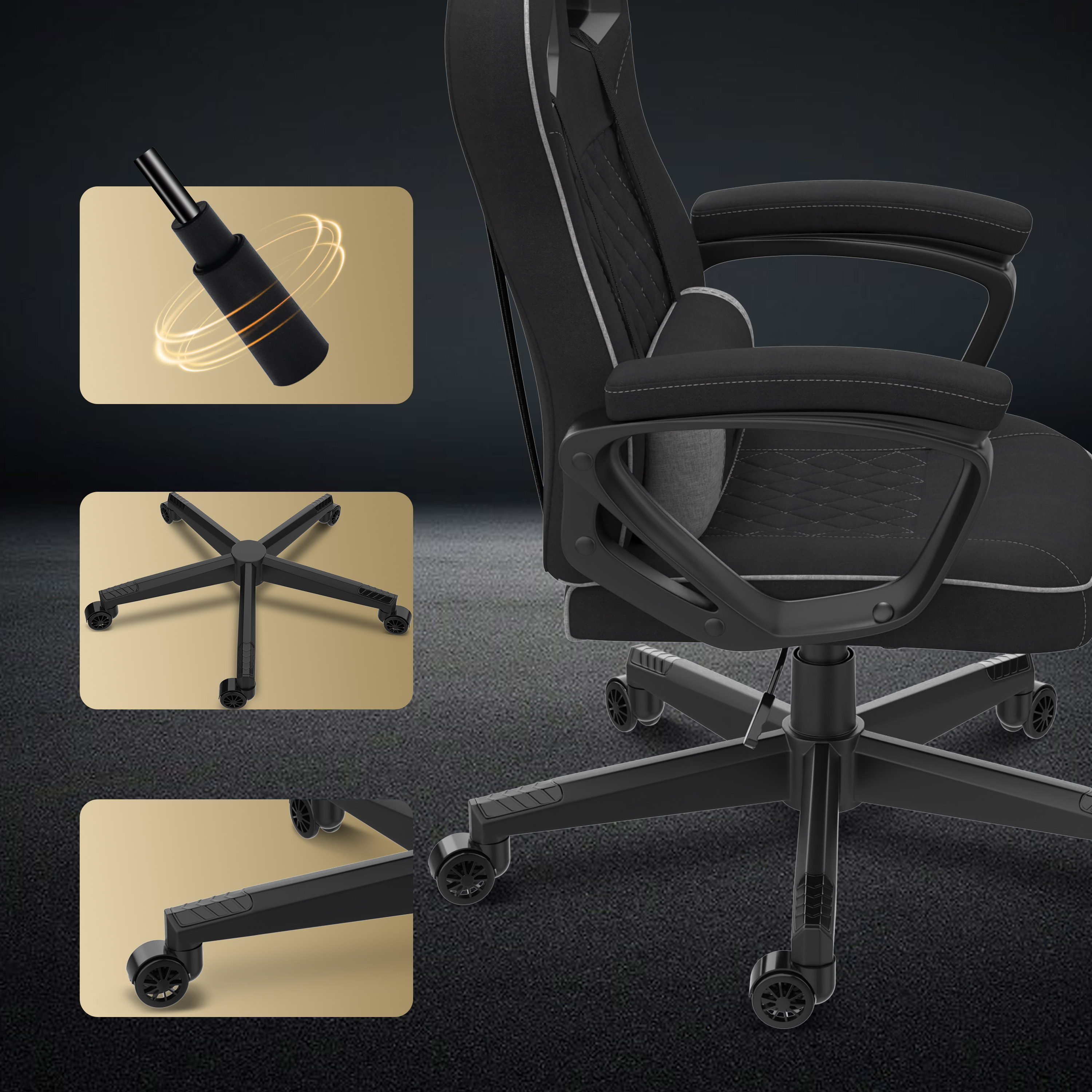 Chaise gaming noire avec gros plans sur les composants. Comprend la base, les roulettes et le mécanisme.