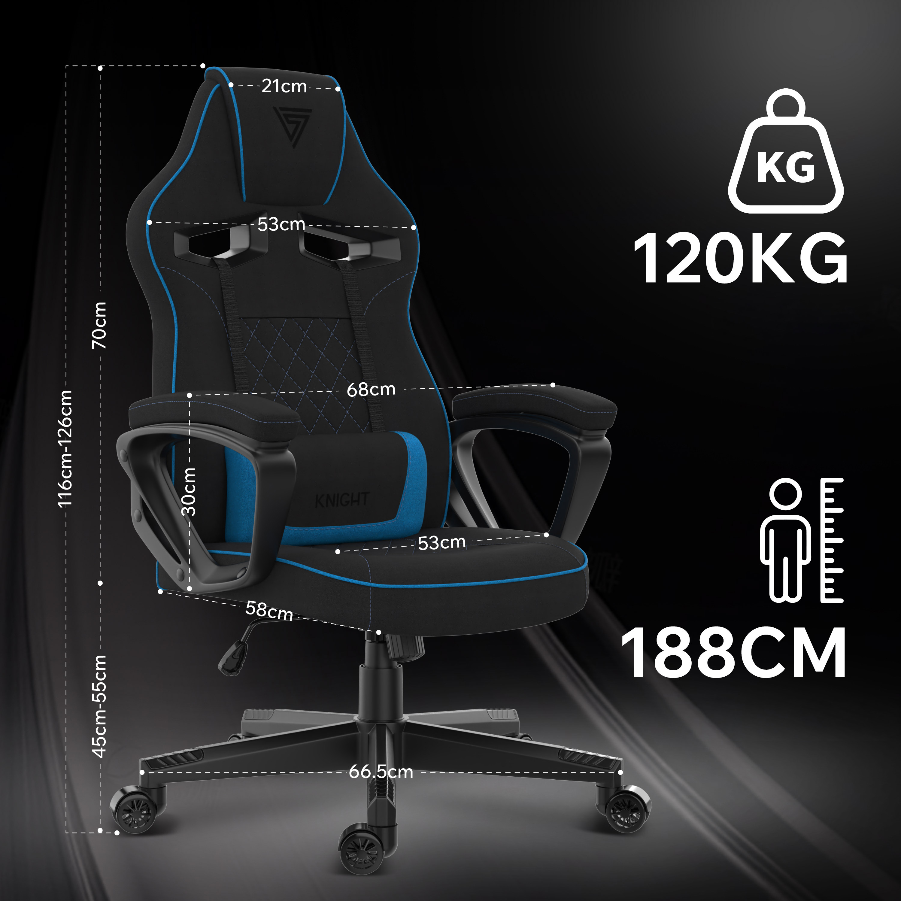 Chaise de jeu noire avec garniture bleue. Elle montre les dimensions, le poids et la hauteur. La chaise est en matériau noir.