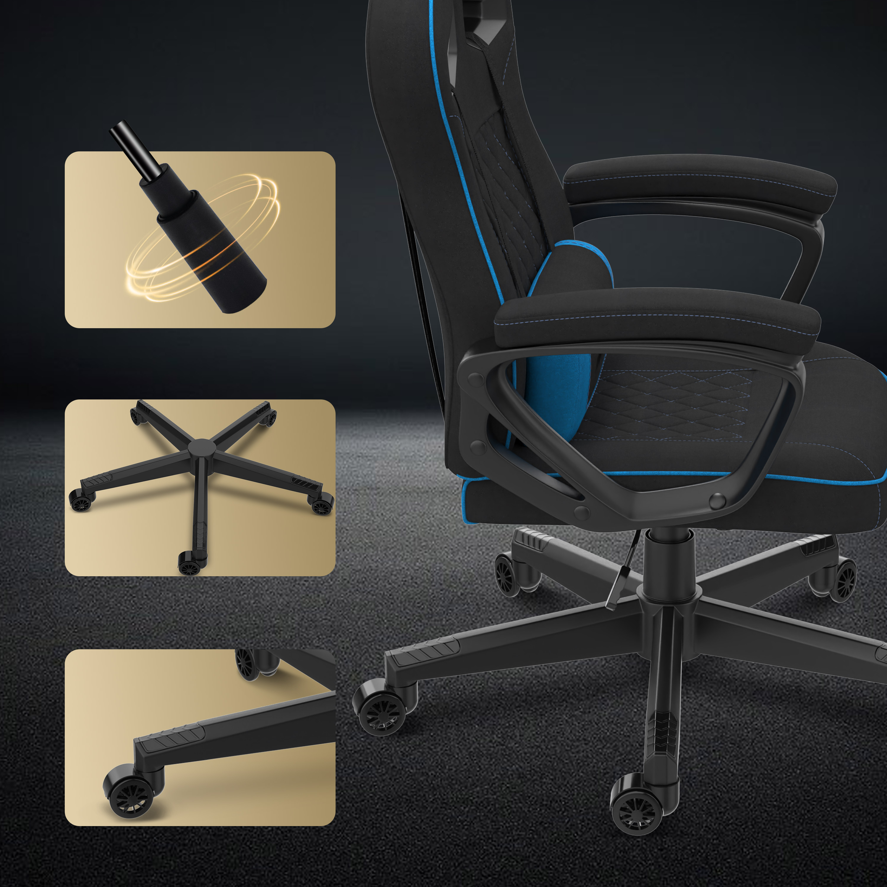 Détail du fauteuil gaming. Noir avec des touches de bleu, plusieurs images de pièces comme la base, le vérin et le dossier.