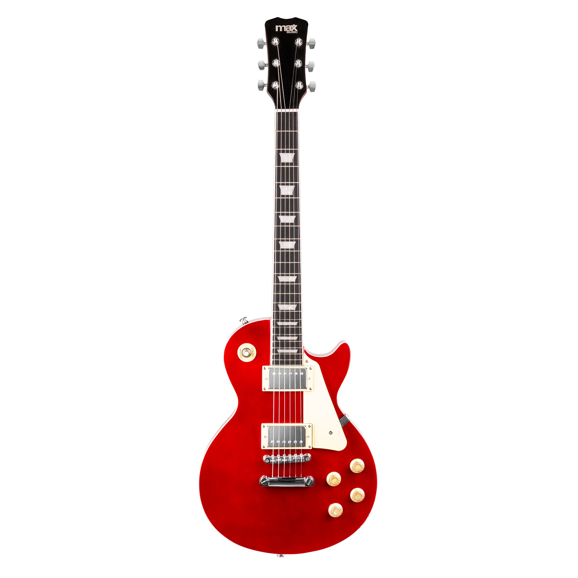 Una guitarra eléctrica roja con golpeador blanco y perillas doradas está centrada sobre un fondo blanco.