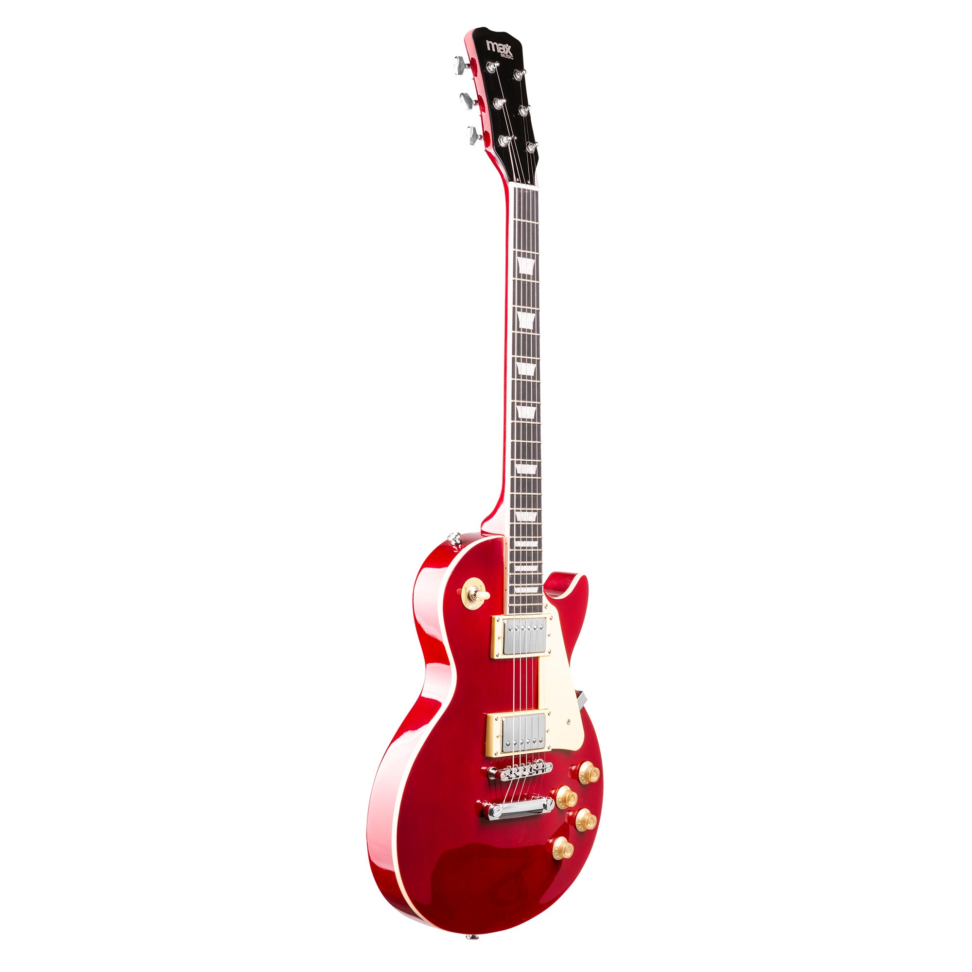 Una guitarra eléctrica roja sobre fondo blanco. Tiene acabado brillante y perillas doradas.