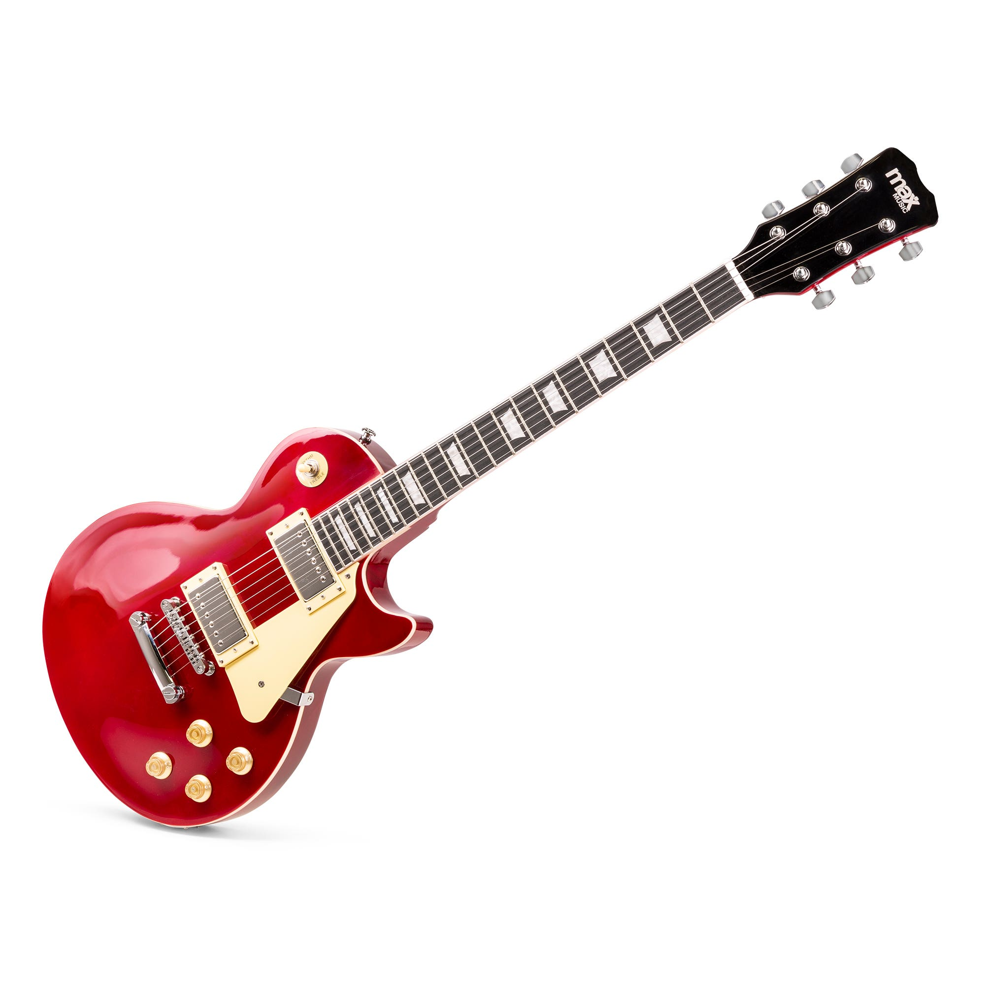 Una guitarra eléctrica roja sobre un fondo blanco. Tiene perillas doradas y un clavijero negro con el nombre de la marca.