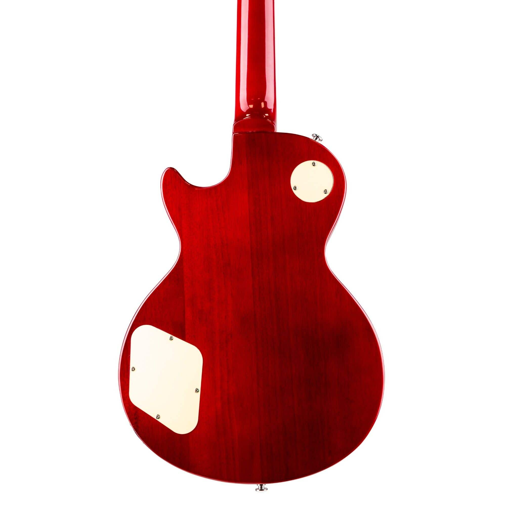 Parte trasera de una guitarra eléctrica roja con un golpeador blanco. La guitarra está sobre fondo blanco.